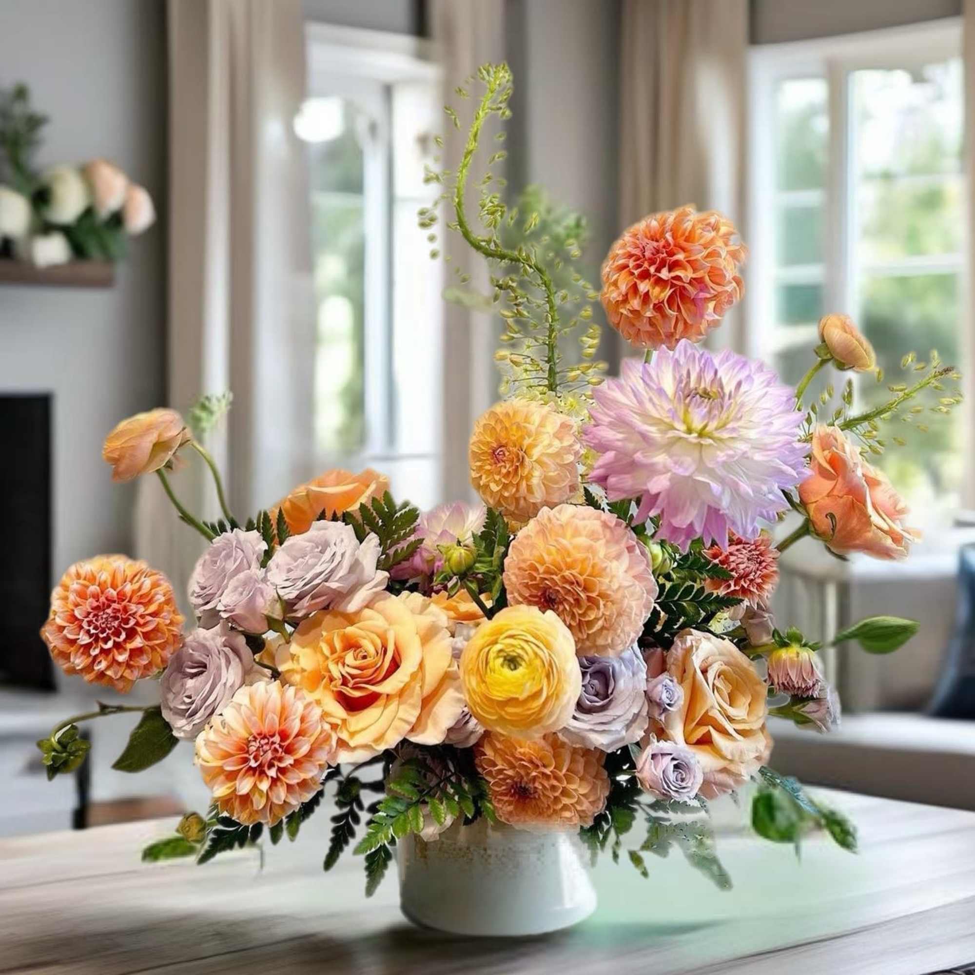 Pastel floral arrangement in a white vase with peach and lavender blooms
