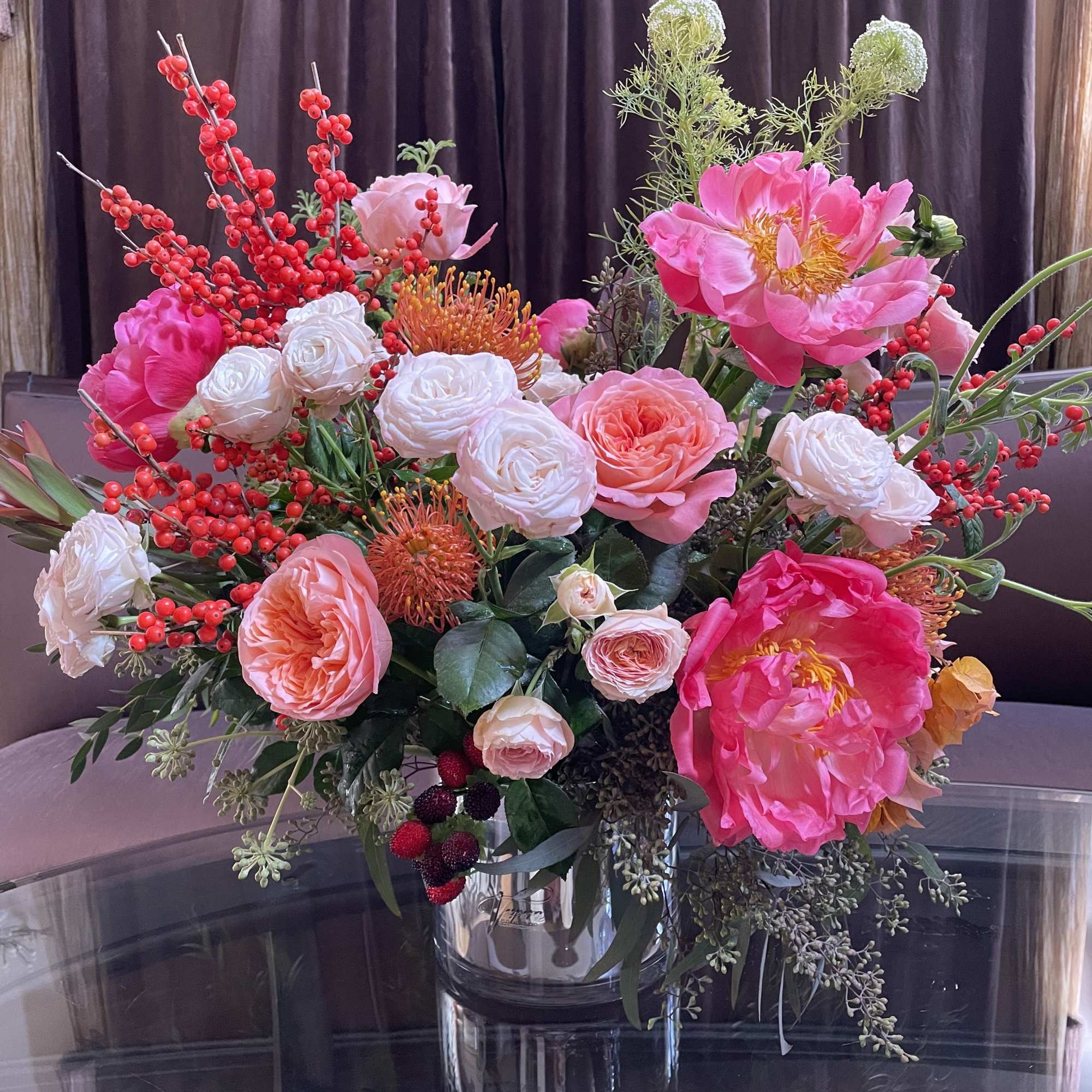 Pink and white floral arrangement in a clear glass vase, photo 2 of 4