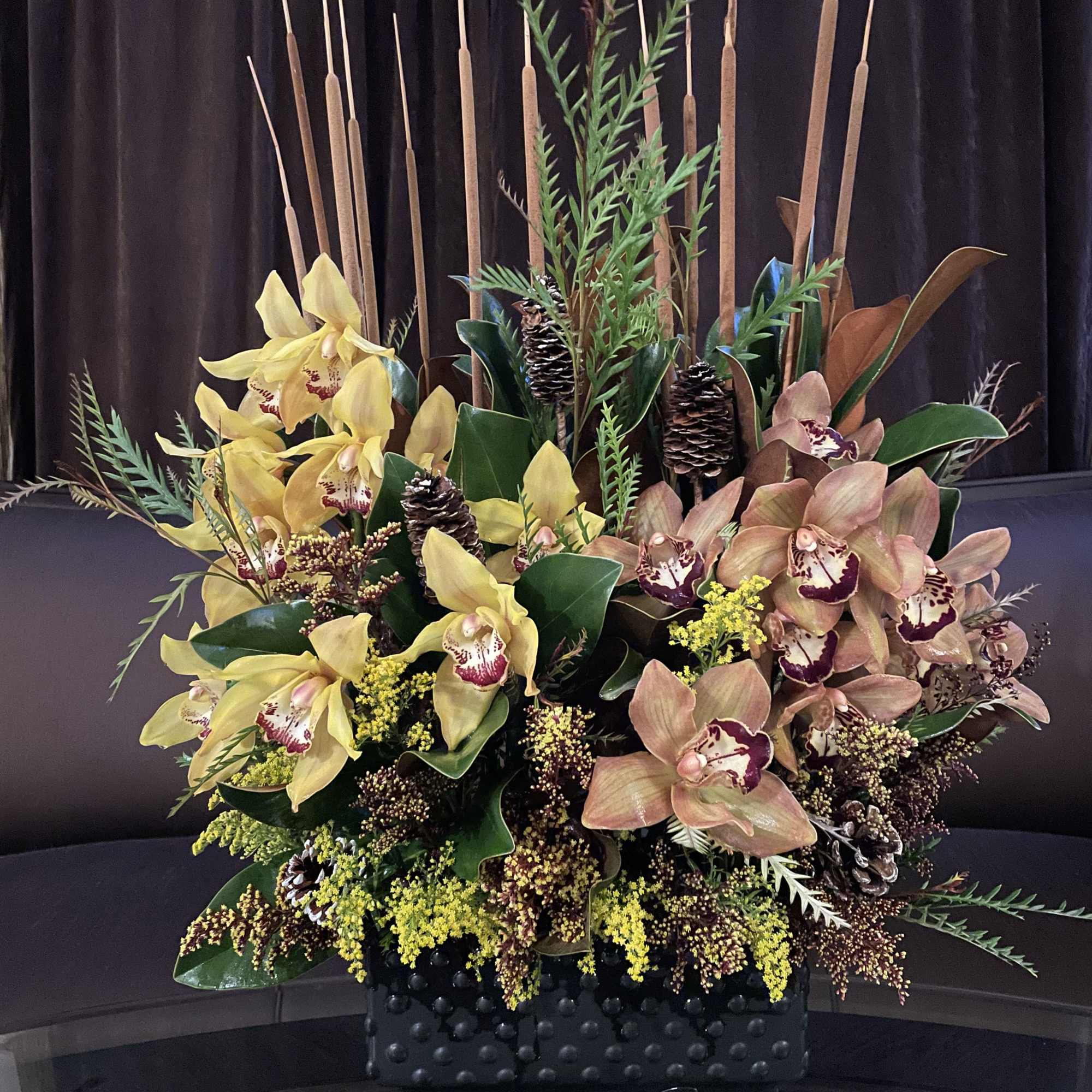 Orchid arrangement in a black rectangular vase with tall reeds and pinecones