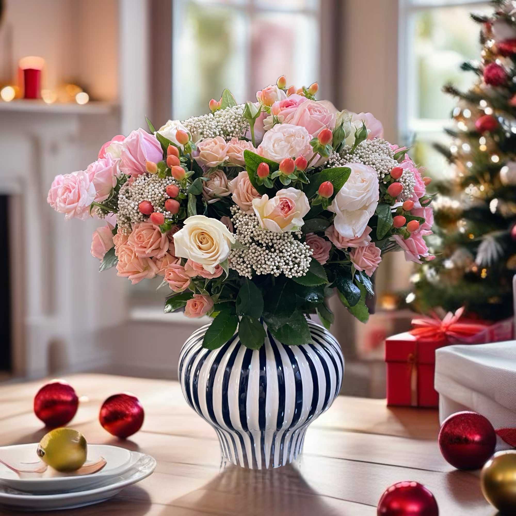 Pink and white rose bouquet in a striped ceramic vase