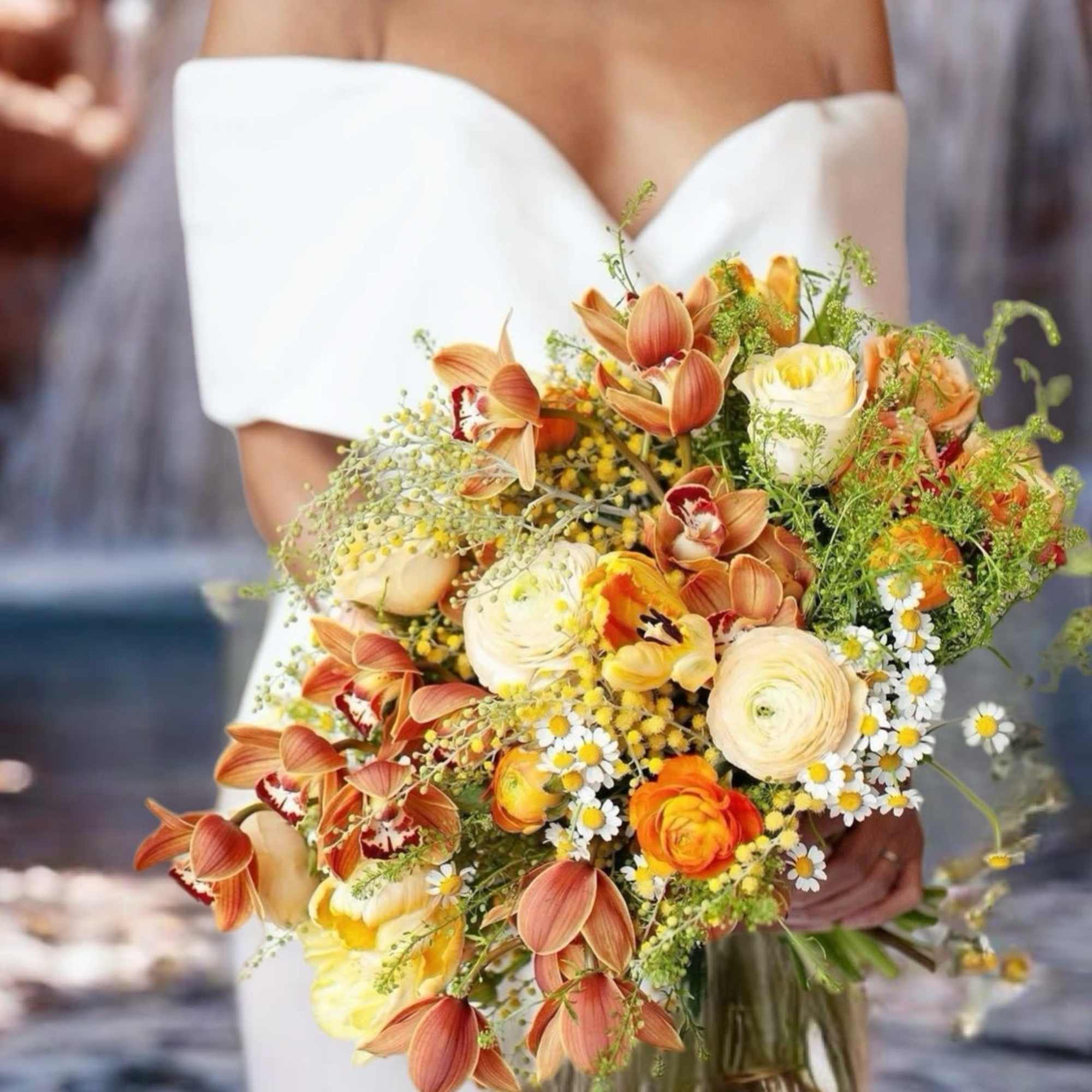 Bride holding a colorful bouquet with orange and cream flowers