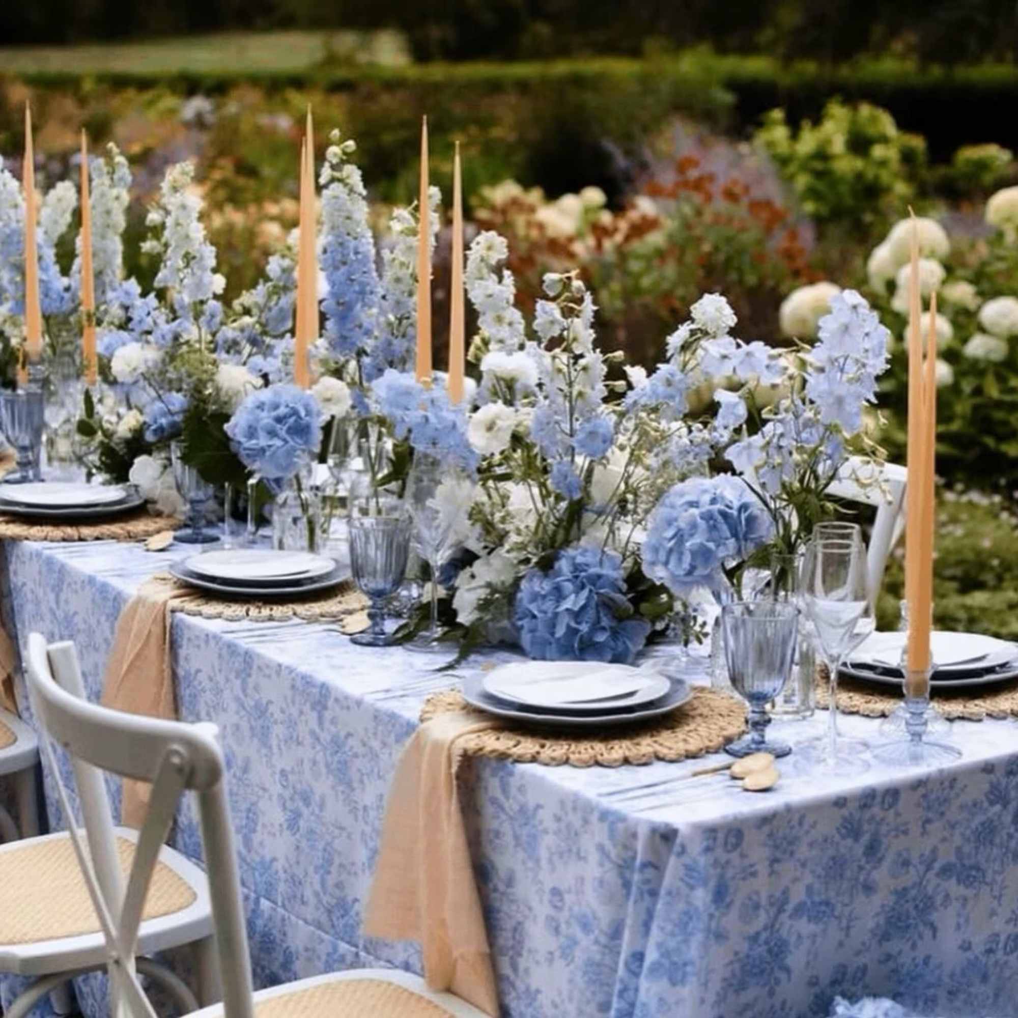Blue and white floral centerpieces on a long outdoor table with candles