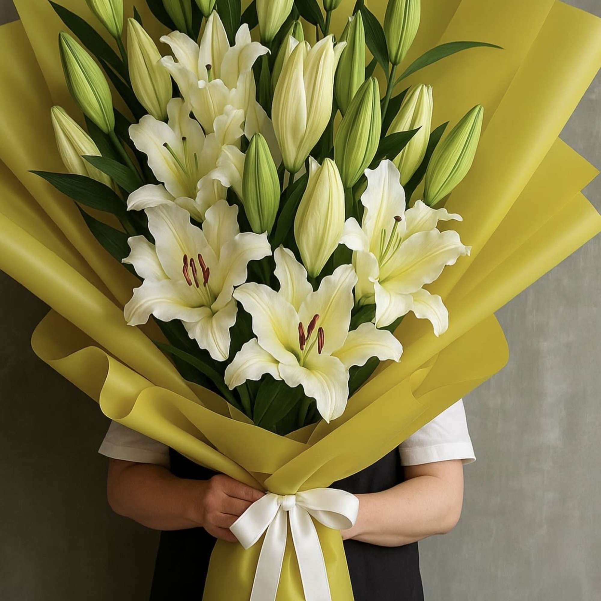 Bouquet of white lilies wrapped in bright yellow paper with a white ribbon
