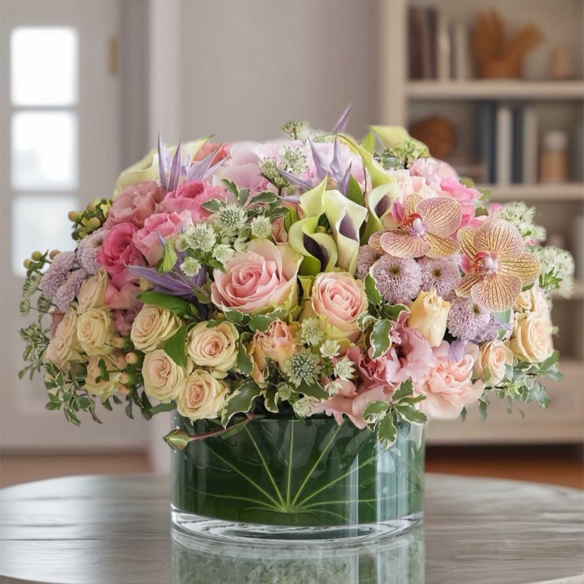 Pastel floral arrangement in a clear glass vase with roses and orchids