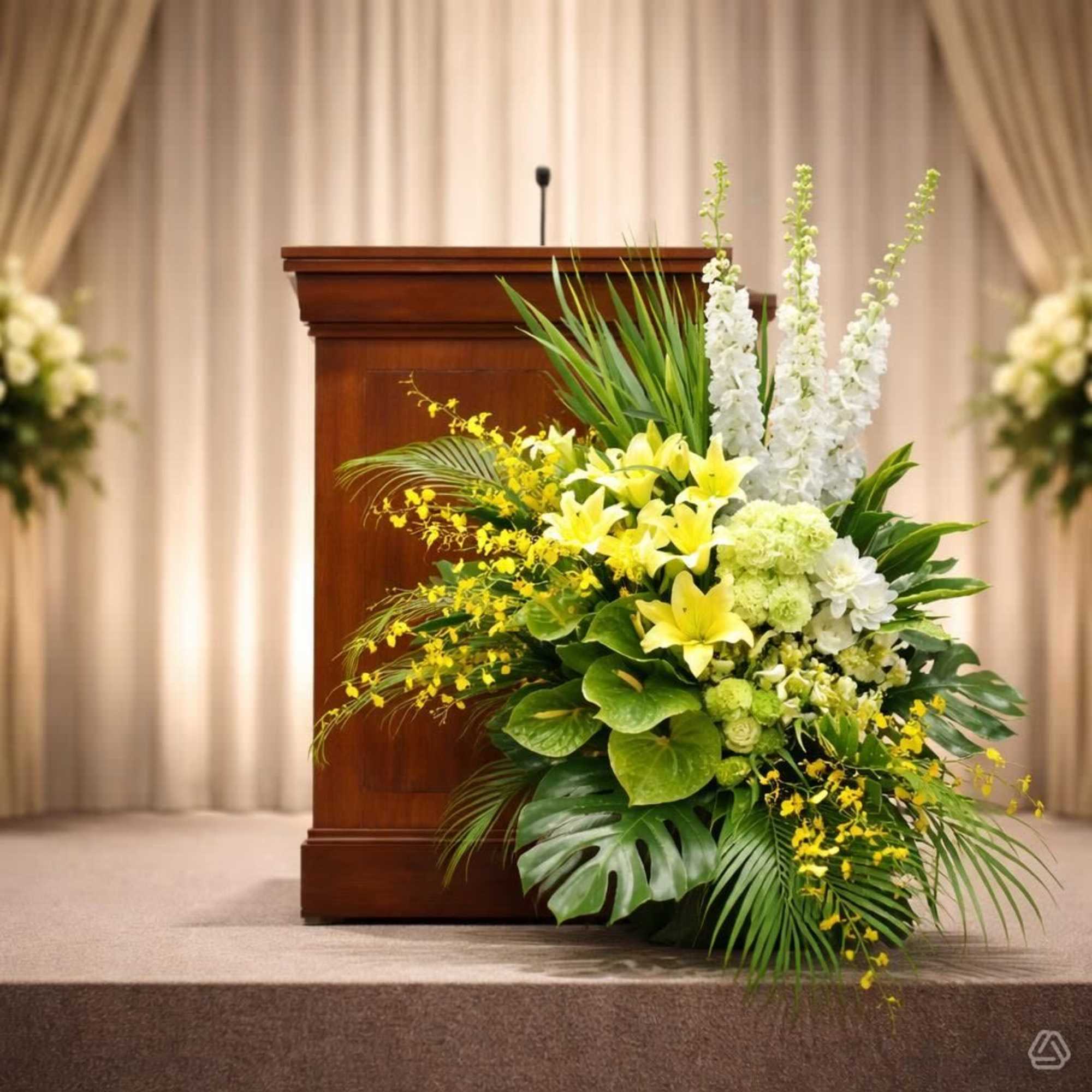 A towering, ceremonial display built to command a stage-this podium stage arrangement, photo 2 of 2