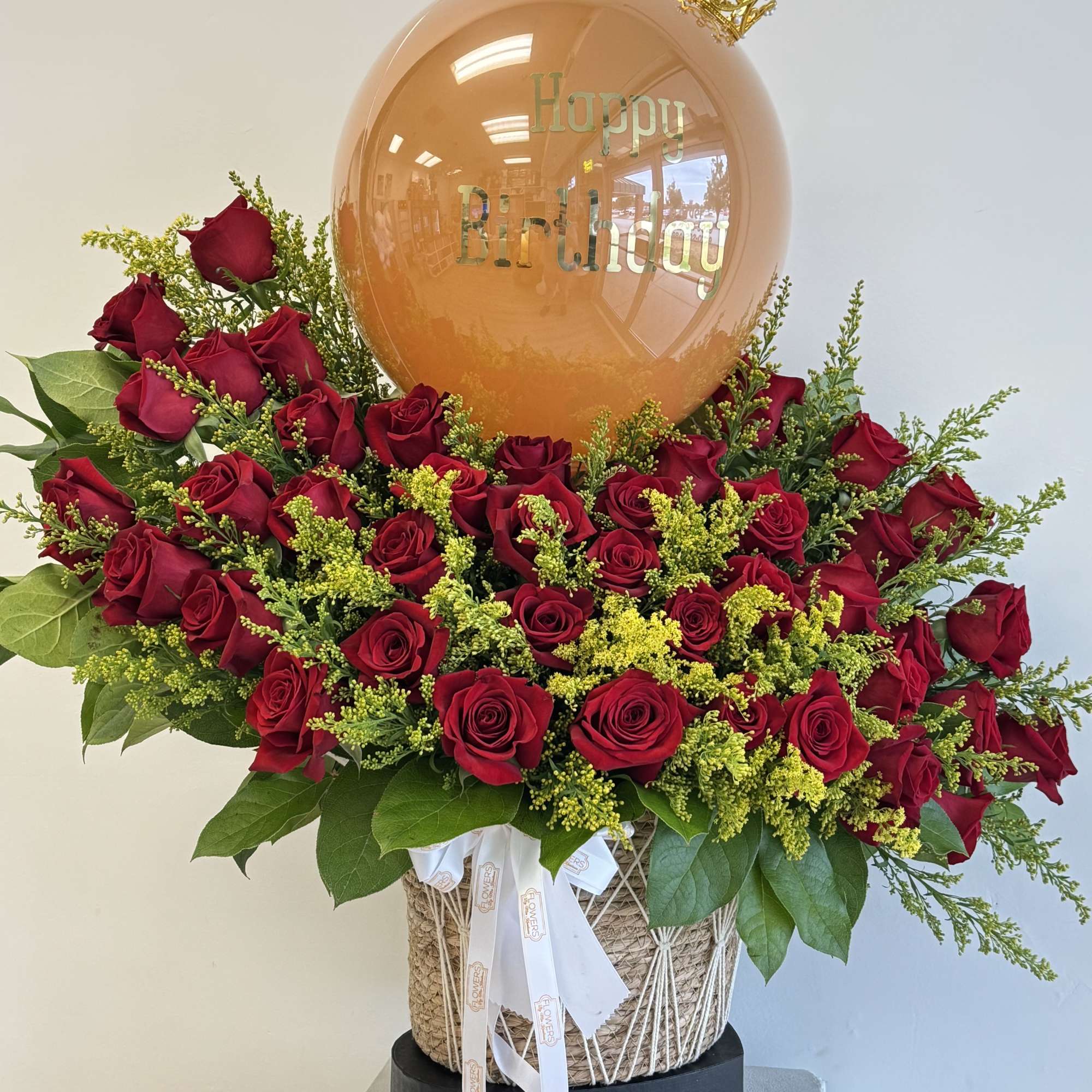 BEAUTIFUL BASKET WITH 35-50 OR 75 IMPORTED ROSES AND SOLIDAGO, CUSTOM BALLOONS
