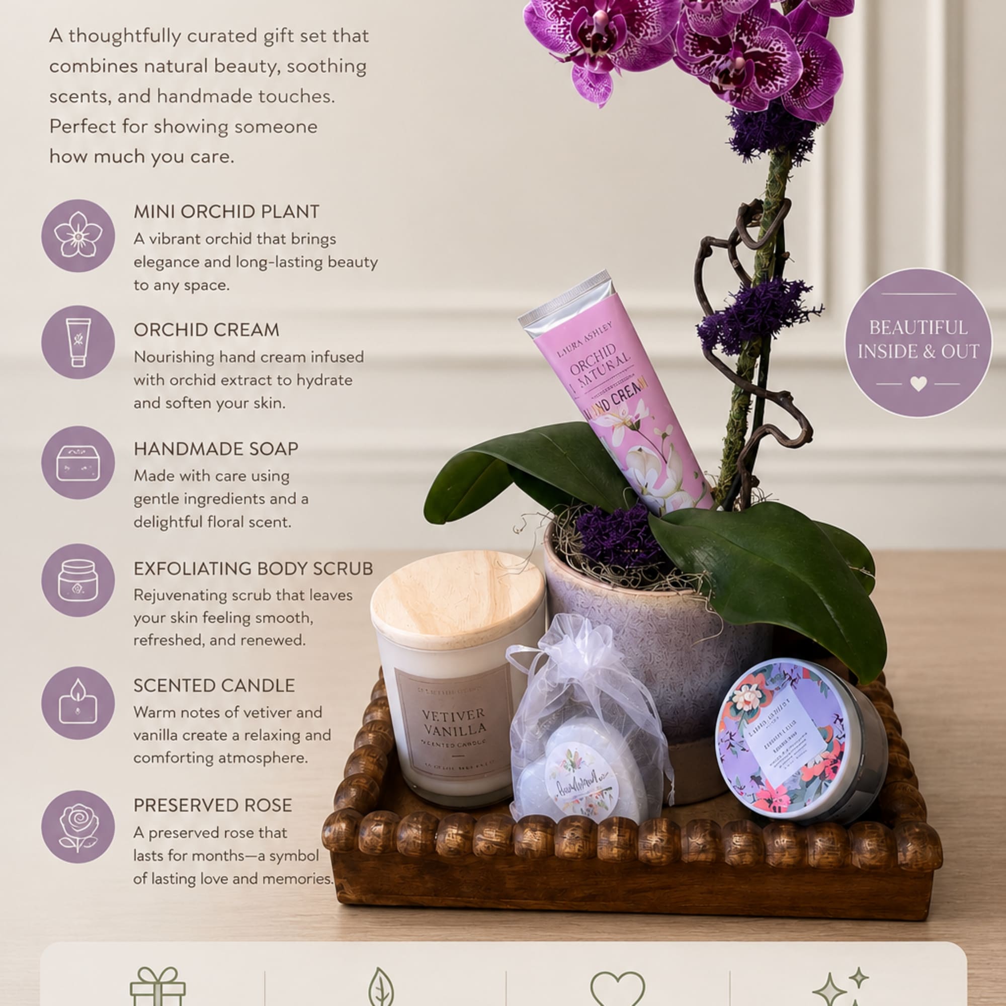 Purple orchid plant gift set with candles, soap, scrub, and cream in a basket