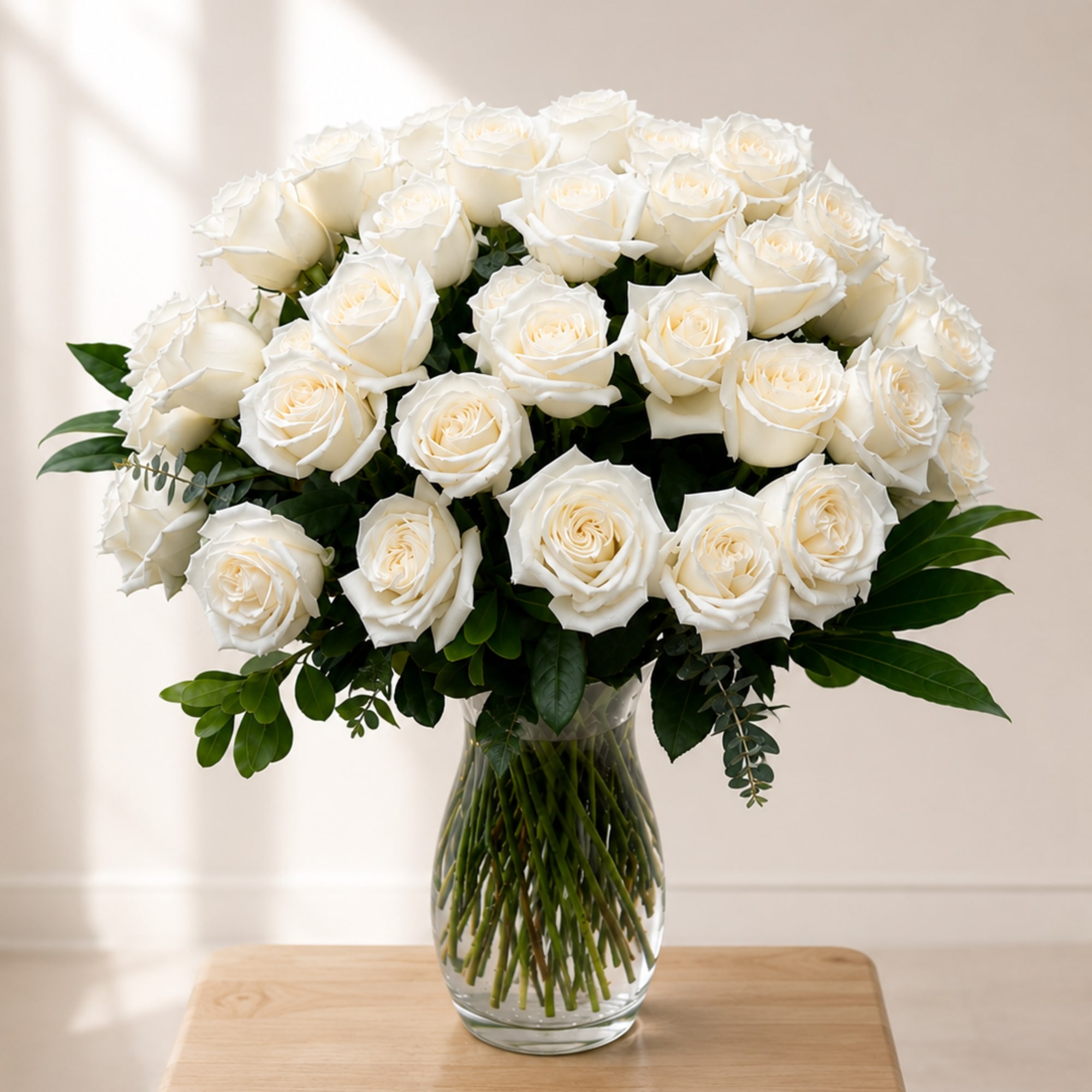Bouquet of white roses in a clear glass vase