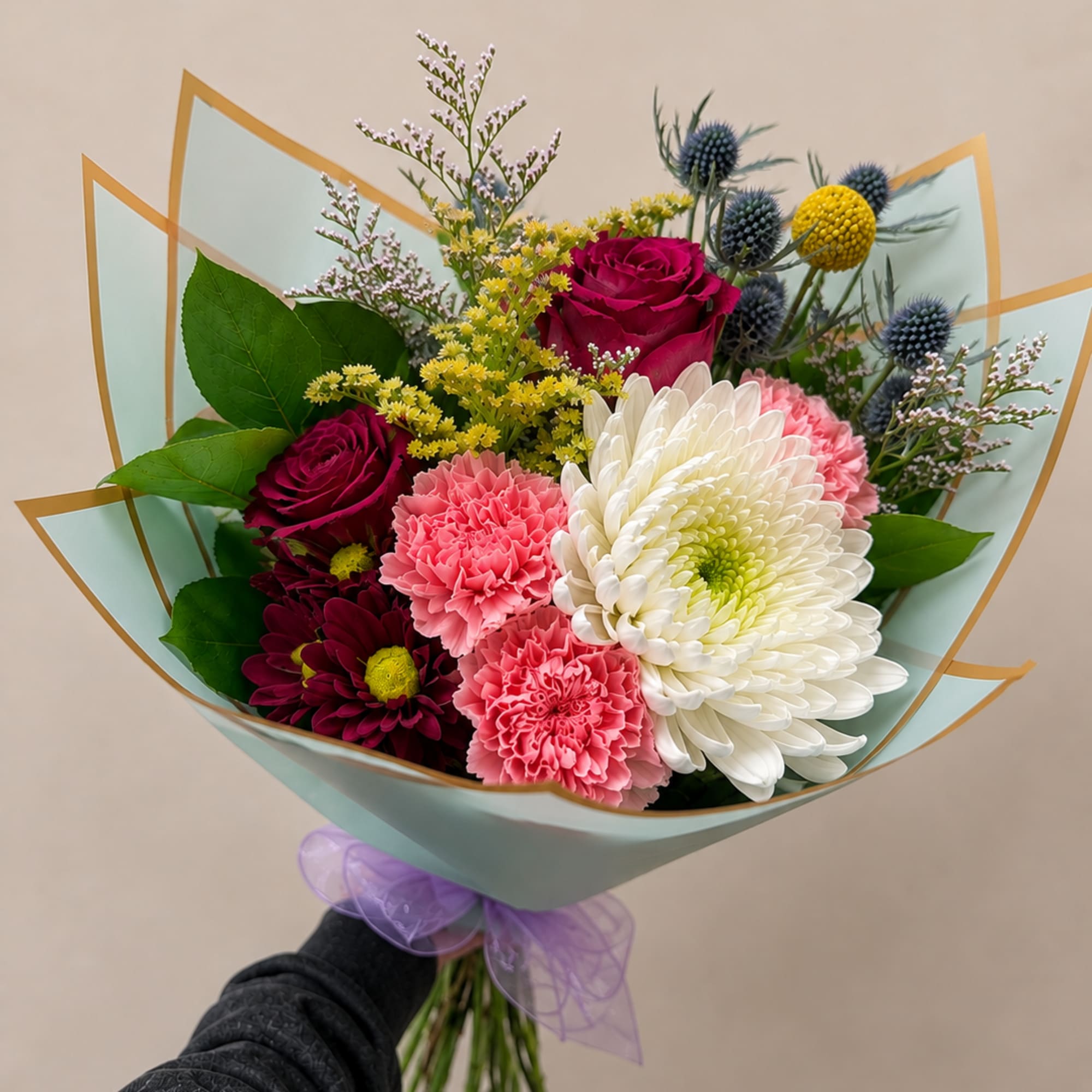 Hand-tied bouquet of roses, chrysanthemums, and carnations in pastel wrap
