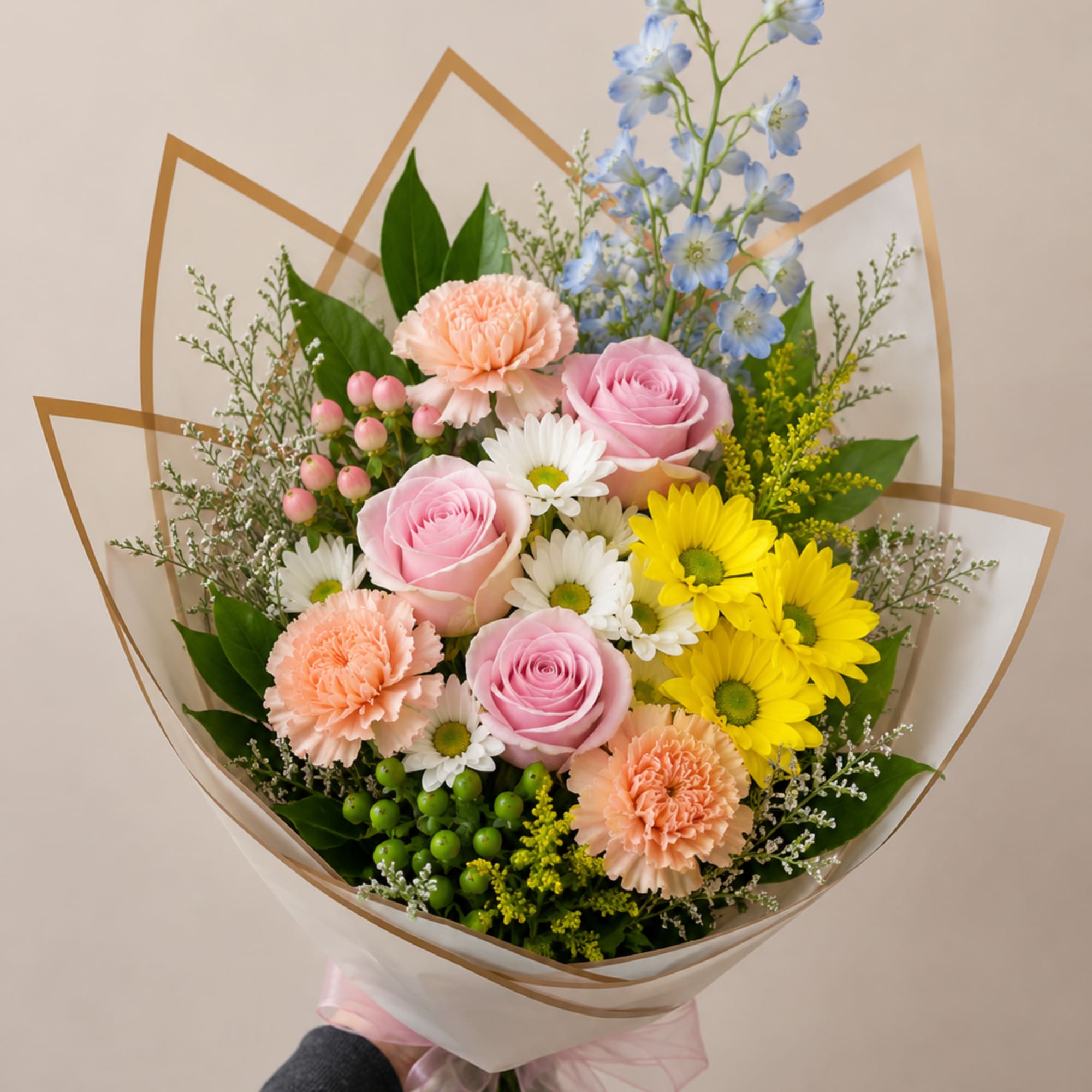 Hand-tied bouquet of pink roses, carnations, daisies, and blue delphinium