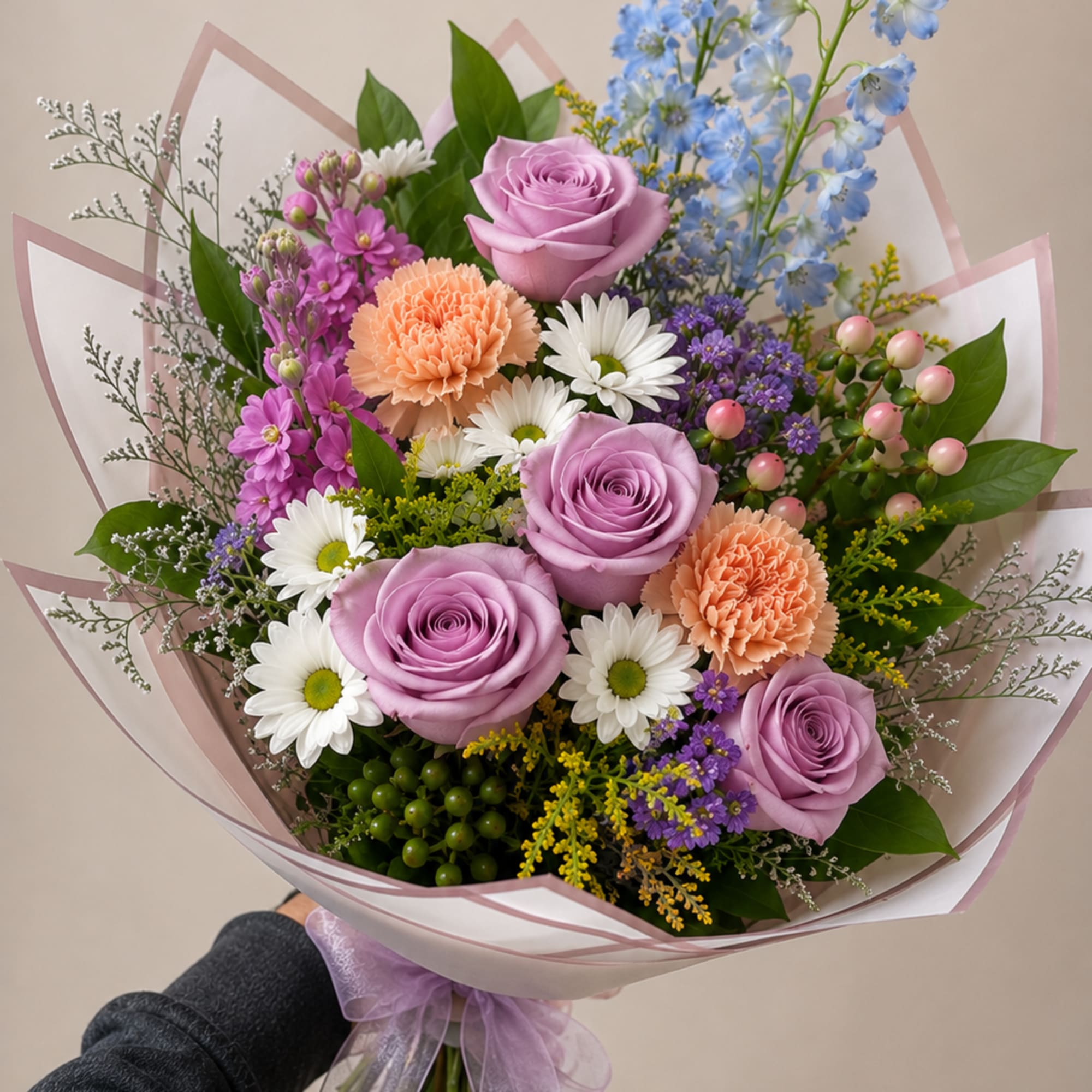 Bouquet of lavender roses, white daisies, and blue flowers wrapped in pink paper