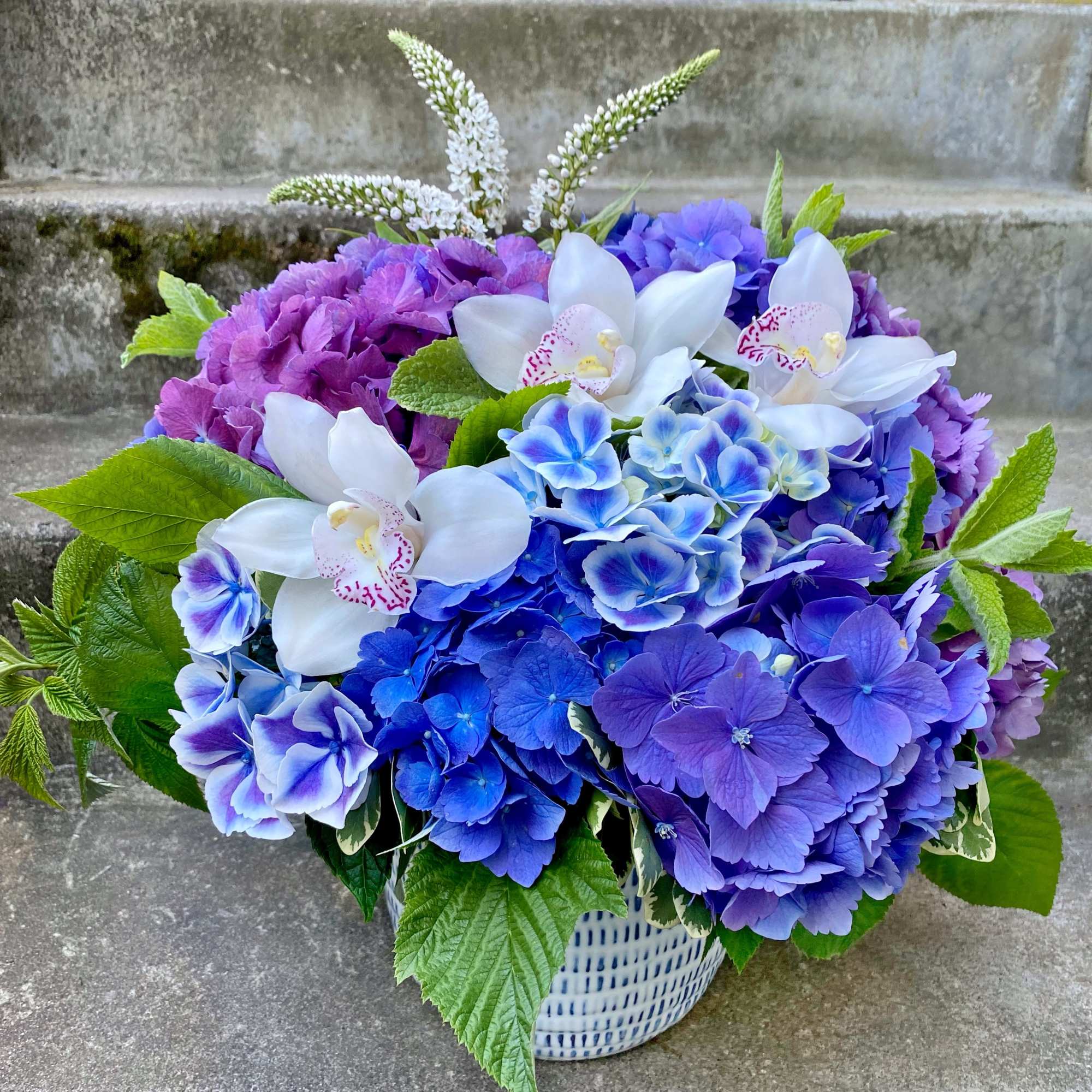Blue and purple hydrangeas with white orchids in a patterned vase