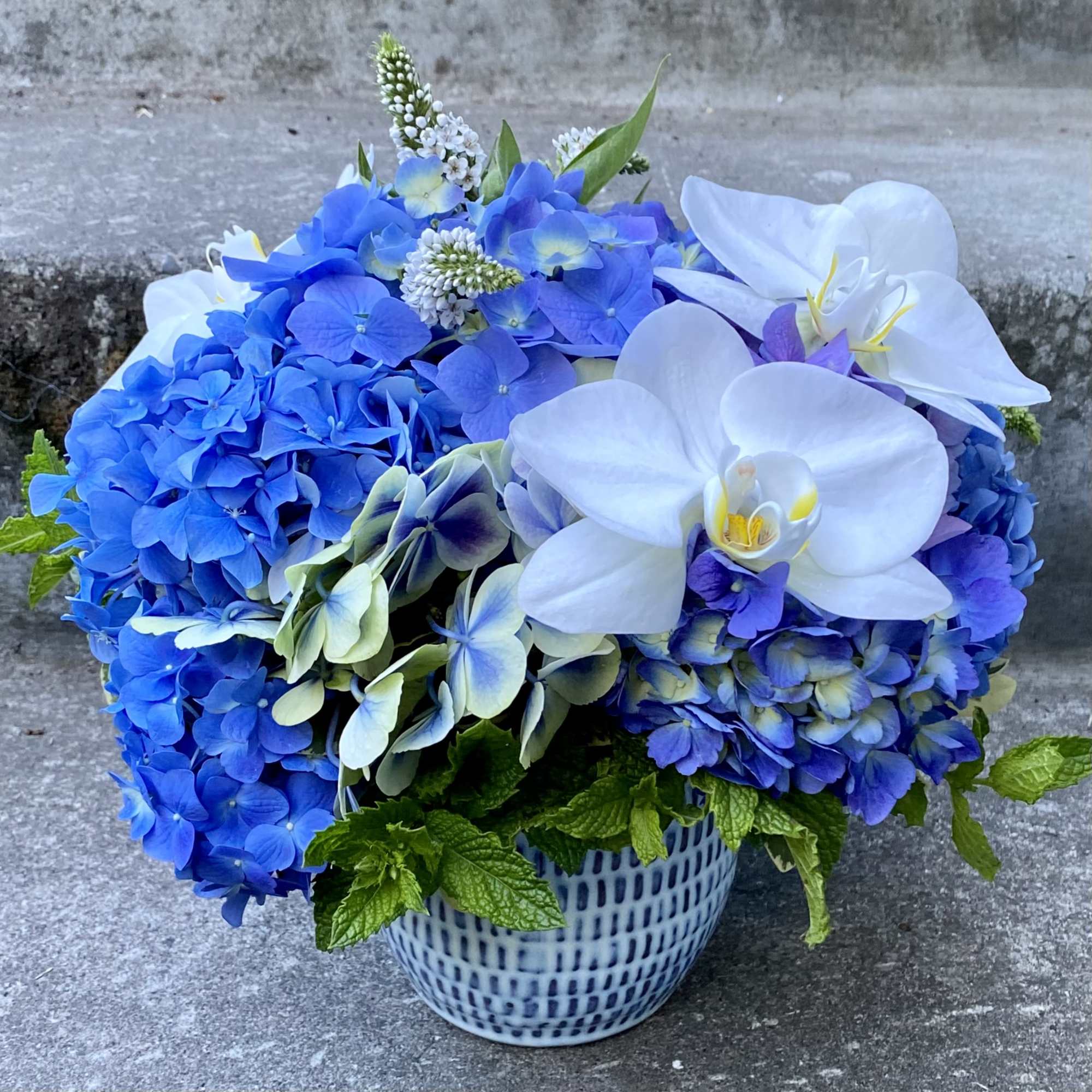 Blue hydrangeas and white orchids arranged in a patterned ceramic vase