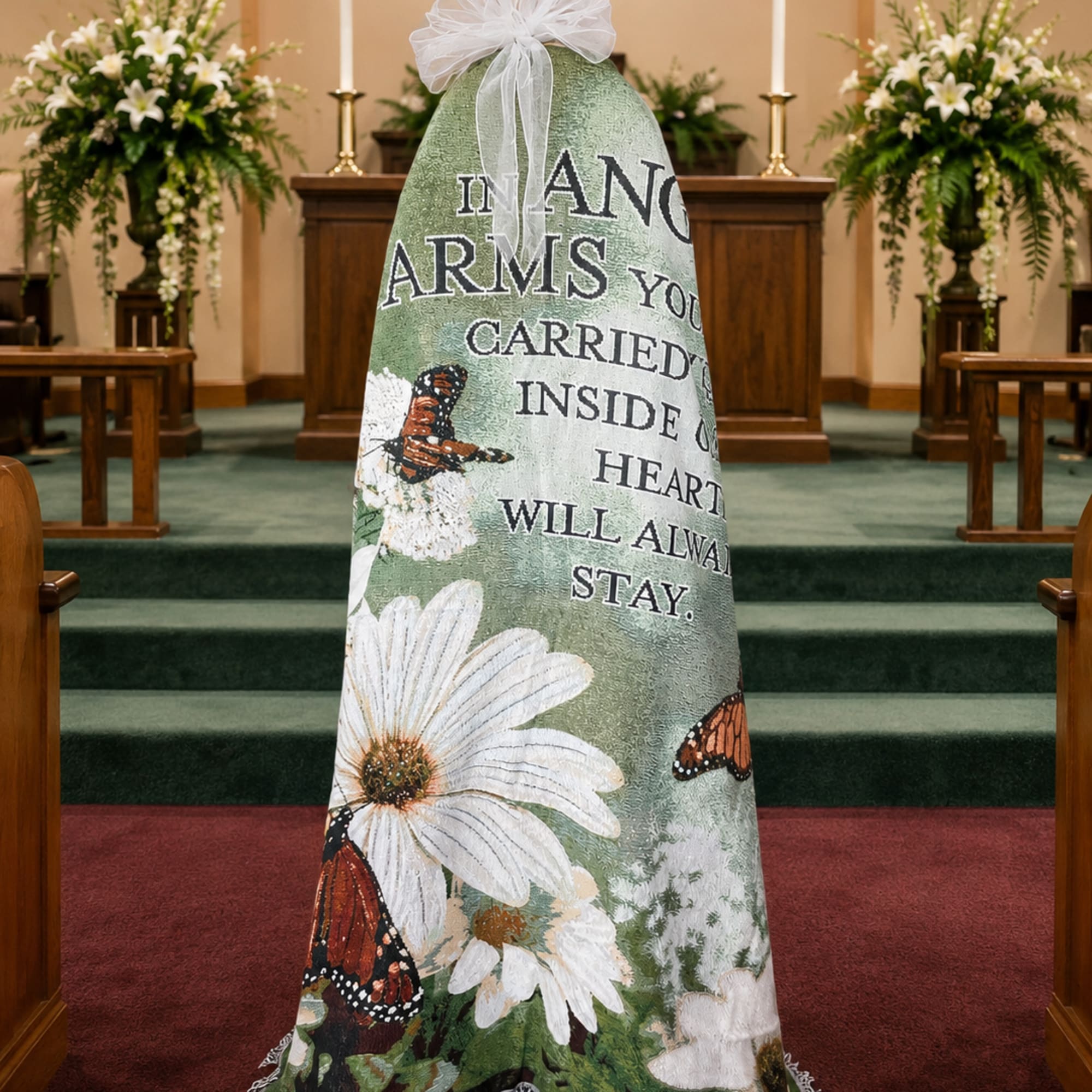 &ldquo;In Angels&rsquo; Arms&rdquo; woven tapestry throw features soft daisies, monarch butterflies, and
