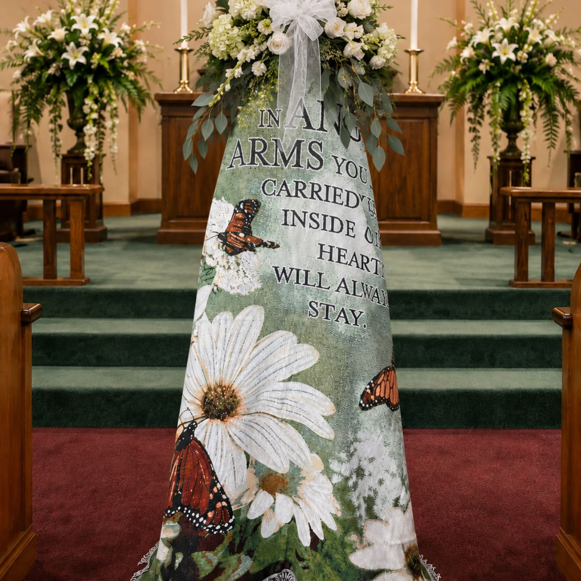 &ldquo;In Angels&rsquo; Arms&rdquo; woven tapestry throw features soft daisies, monarch butterflies, and