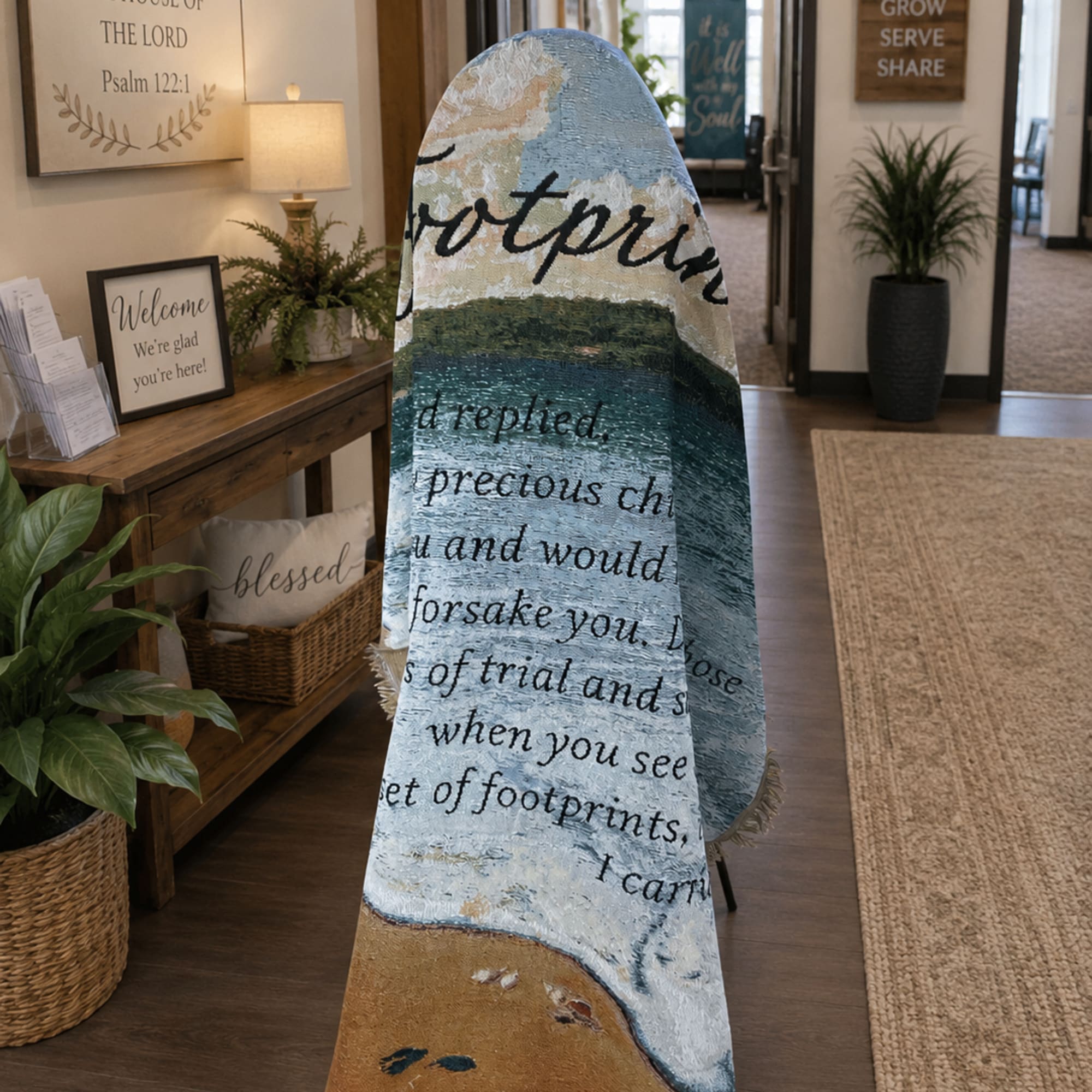 The Footprints Inspirational Tapestry Throw is a beautiful keepsake designed to inspire