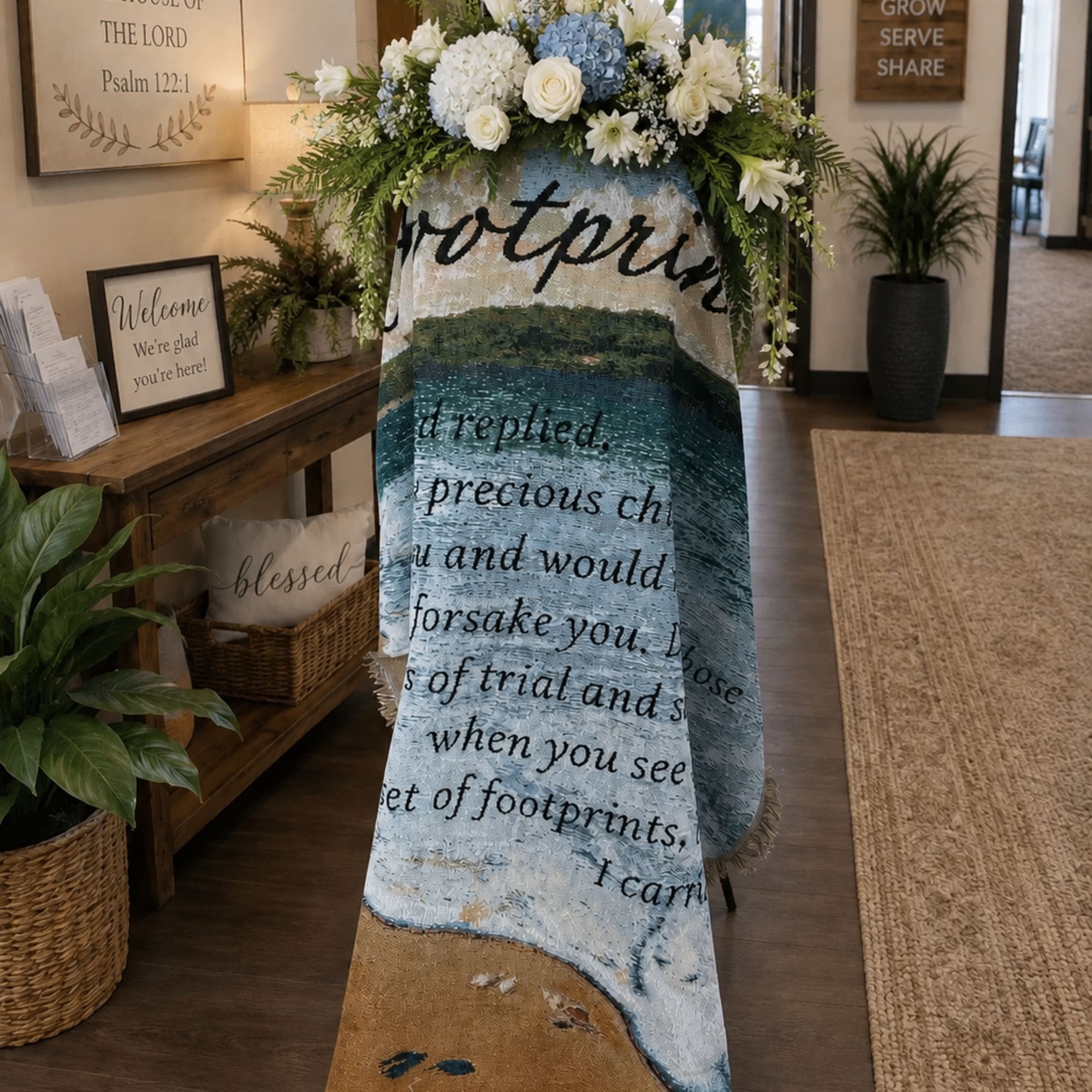 The Footprints Inspirational Tapestry Throw is a beautiful keepsake designed to inspire