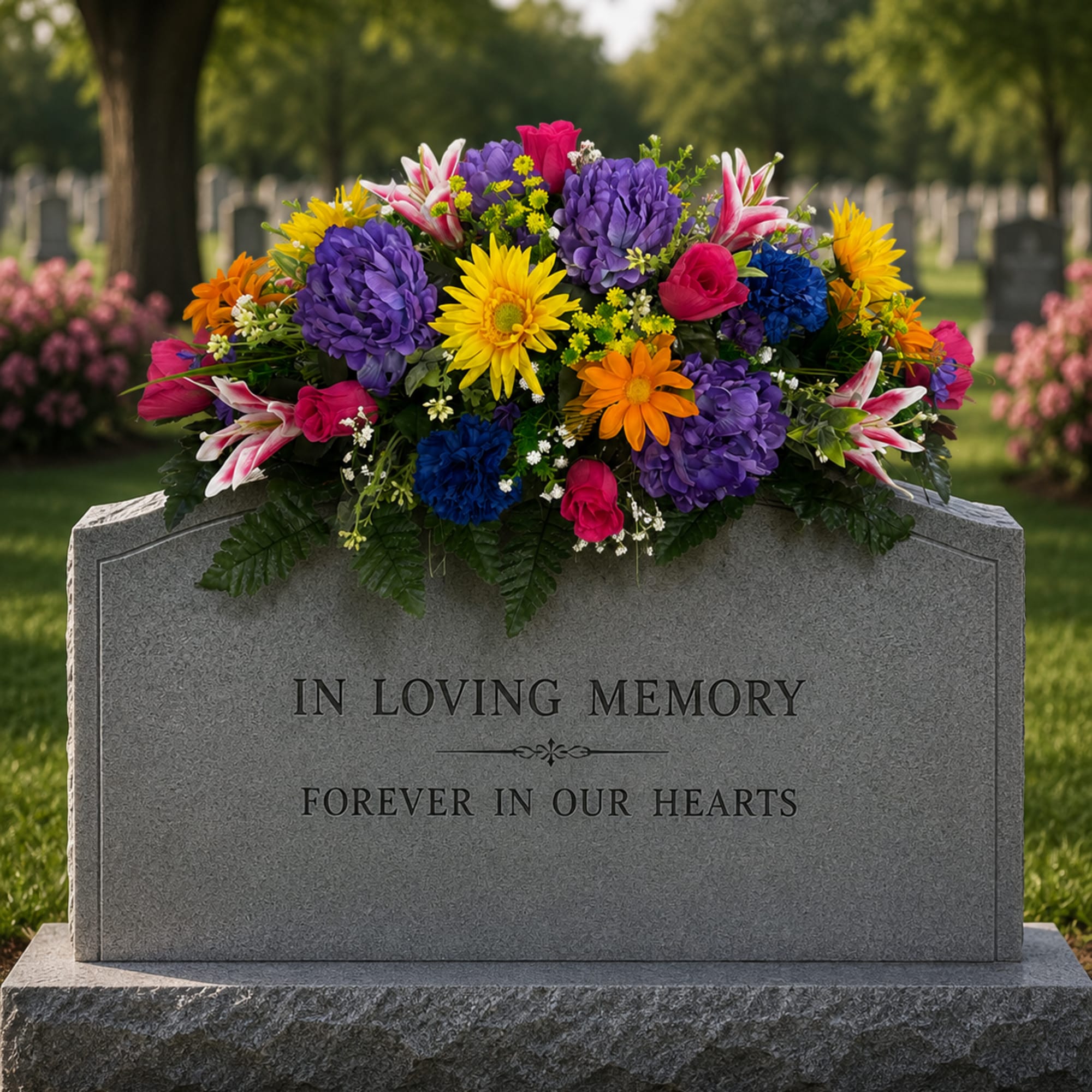 Memories Garden silk memorial saddle is a vibrant cemetery arrangement designed to