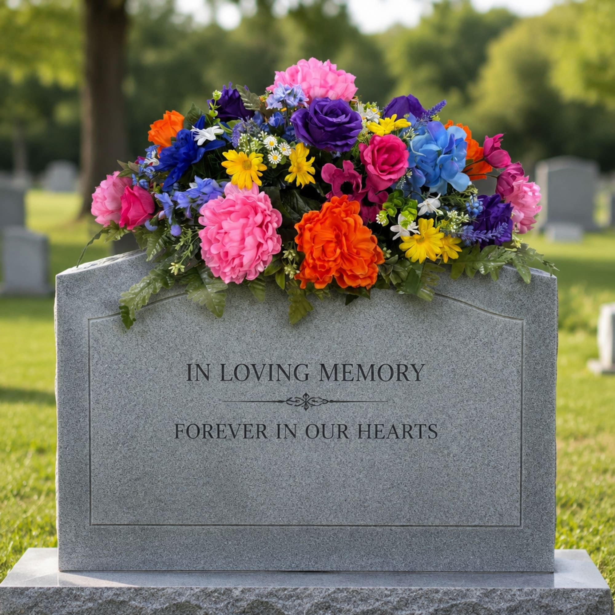 Memories Garden silk memorial saddle is a vibrant cemetery arrangement designed to, photo 2 of 3