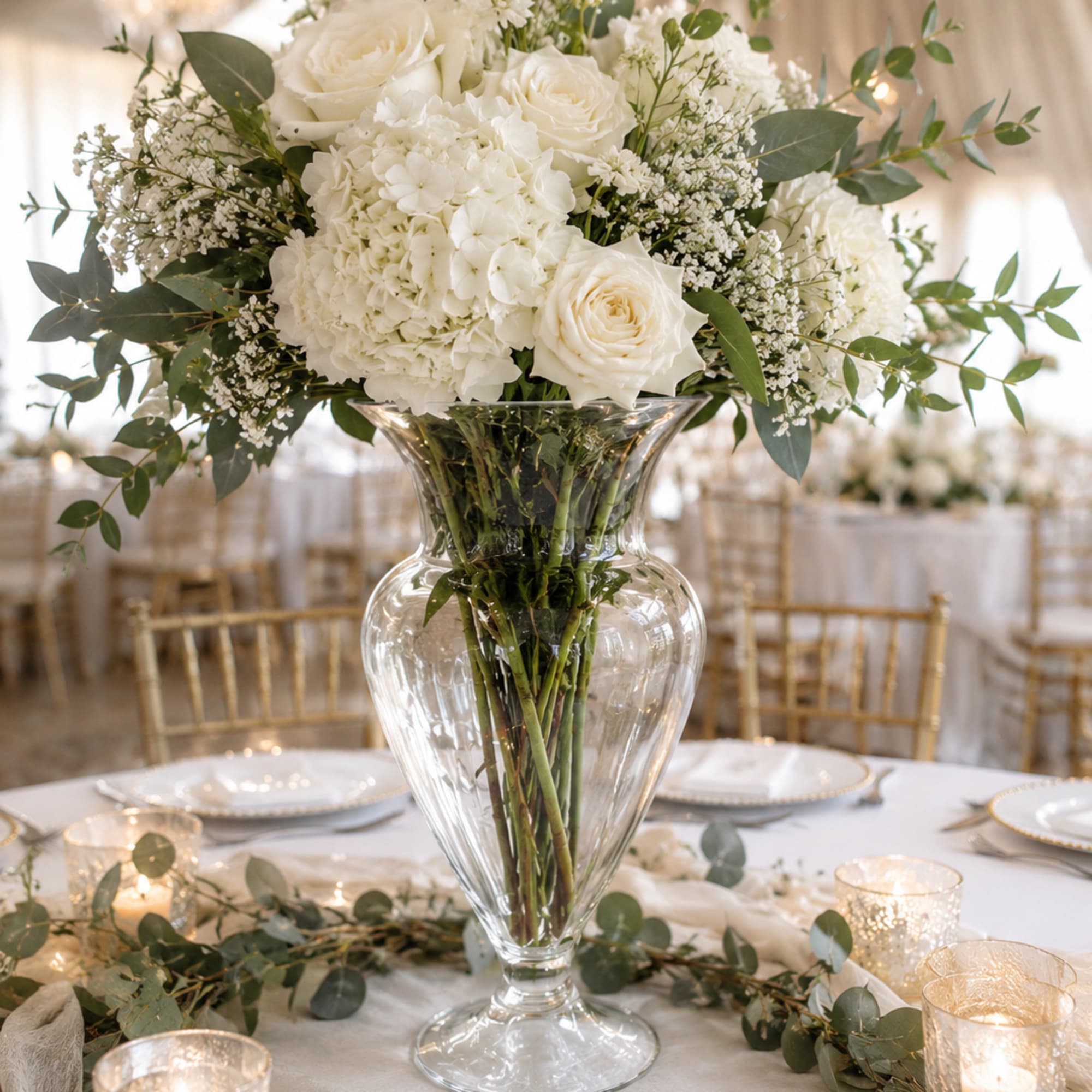 Create an unforgettable wedding with our elegant pedestal trumpet vase rental, perfect