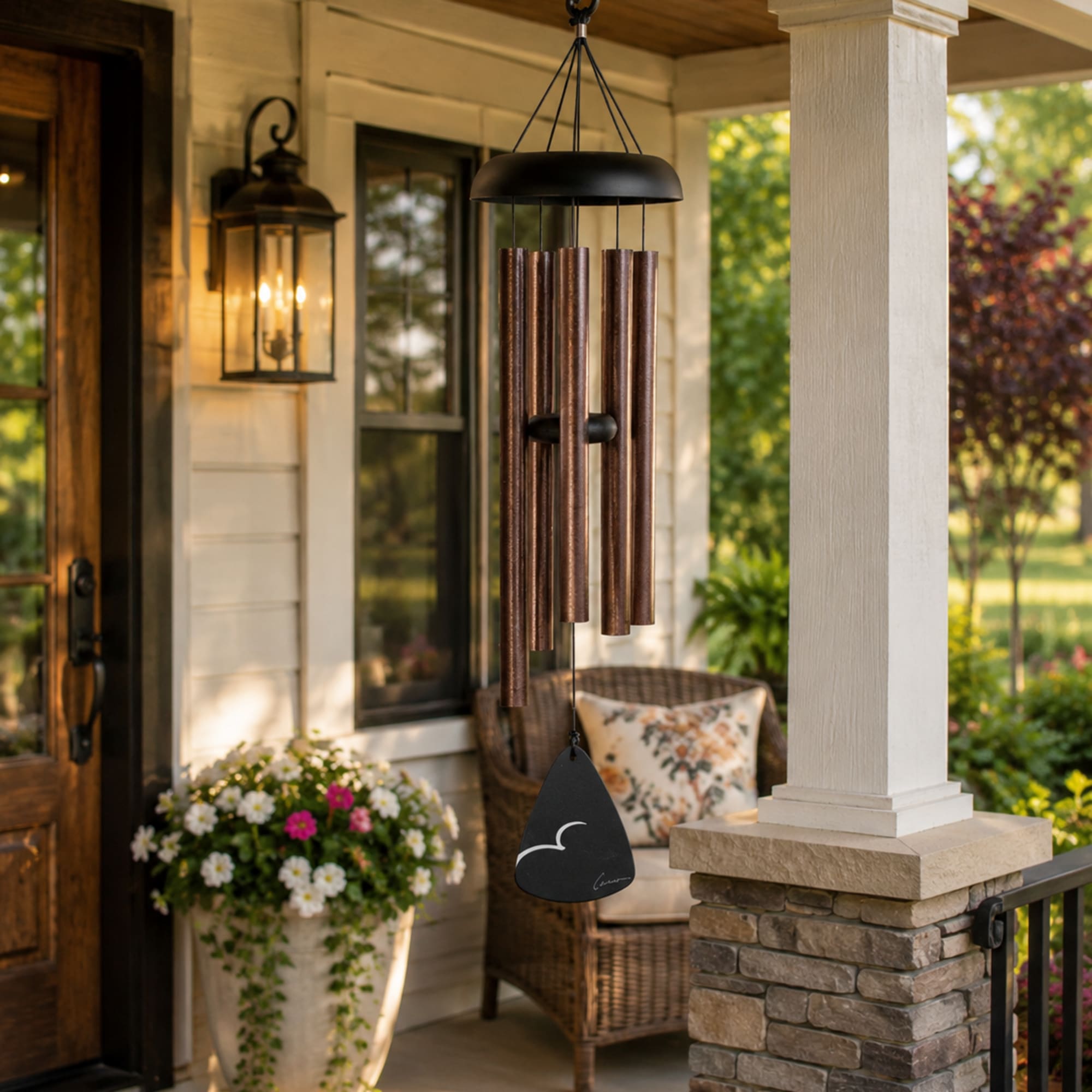 Warm bronze fleck tones and soothing resonance make this decorative windchime a