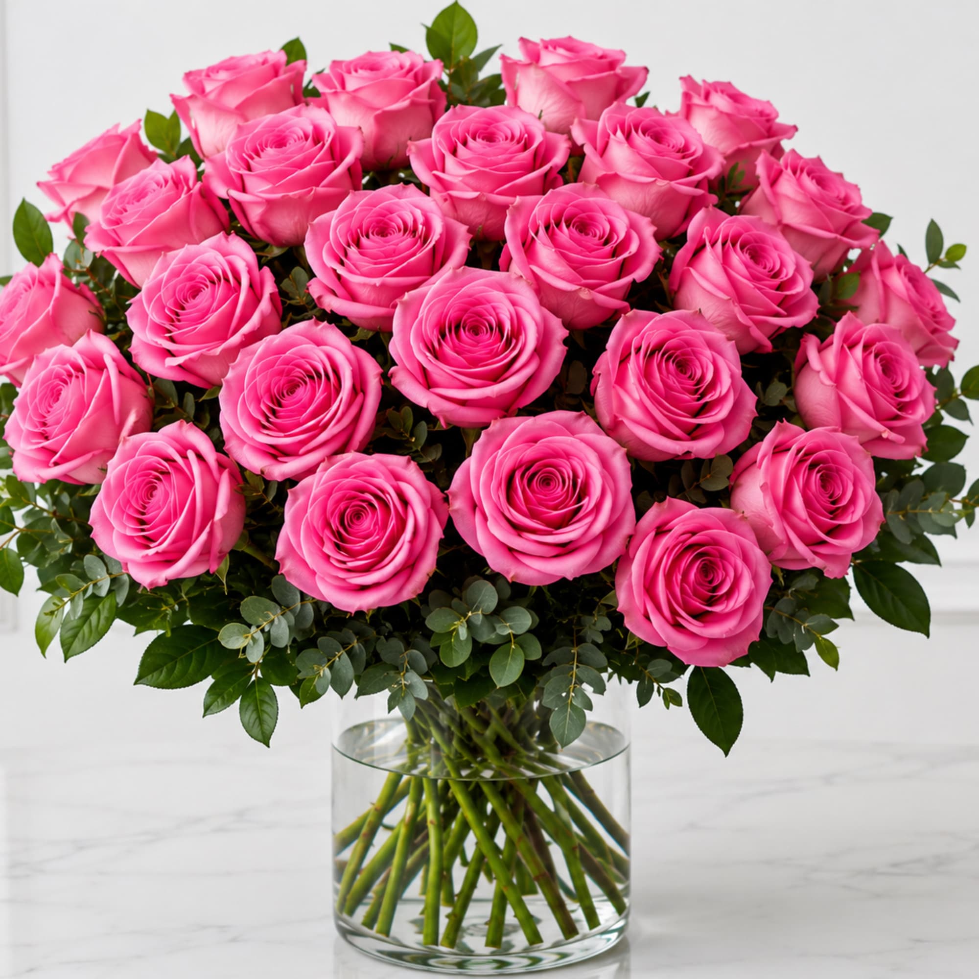 Bouquet of bright pink roses in a clear glass vase