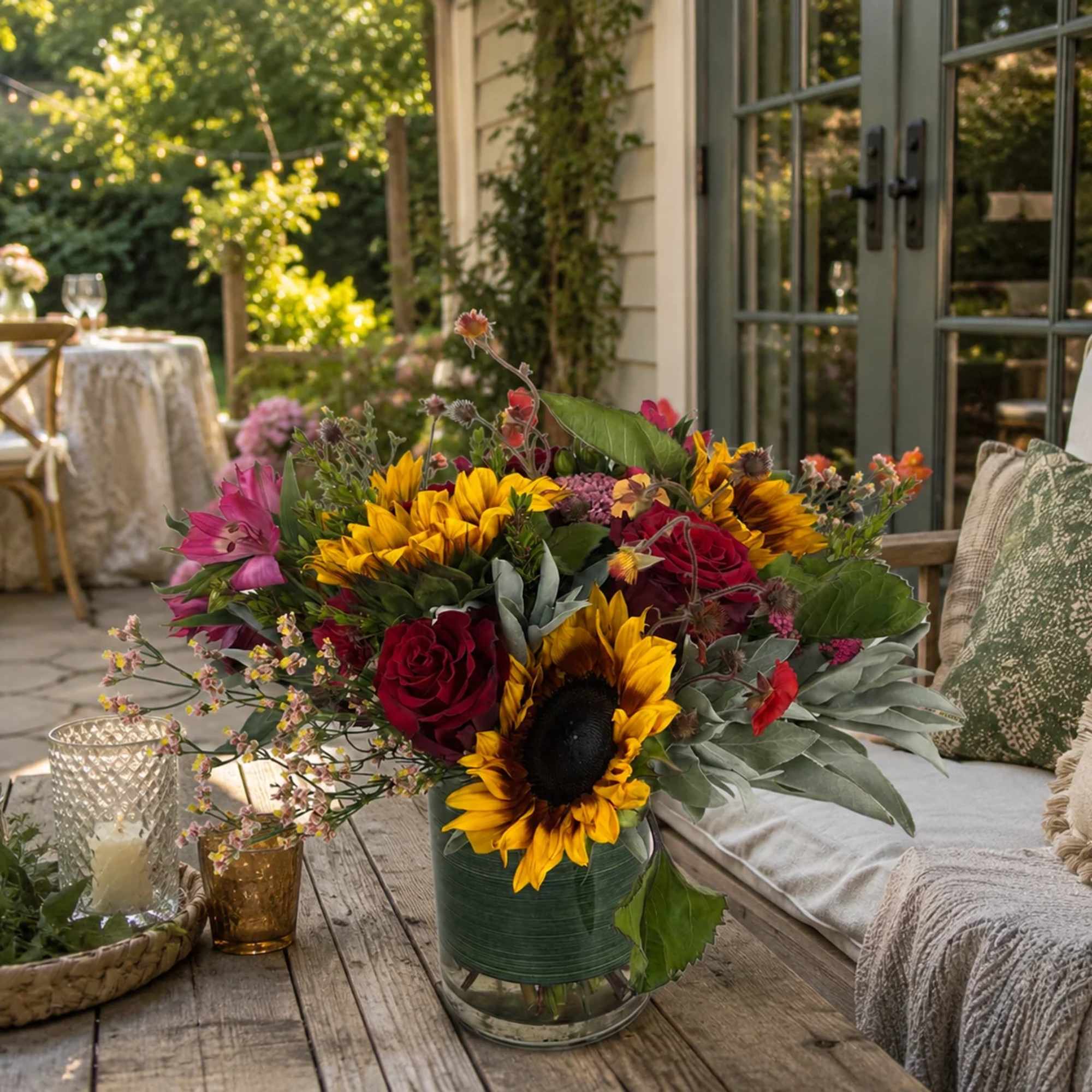 Bouquet of sunflowers and red roses in a glass vase
