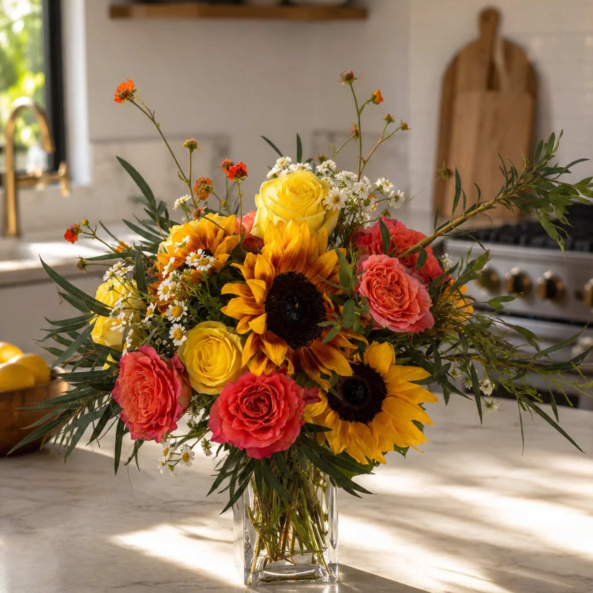 Bright bouquet of sunflowers and roses in a clear glass vase