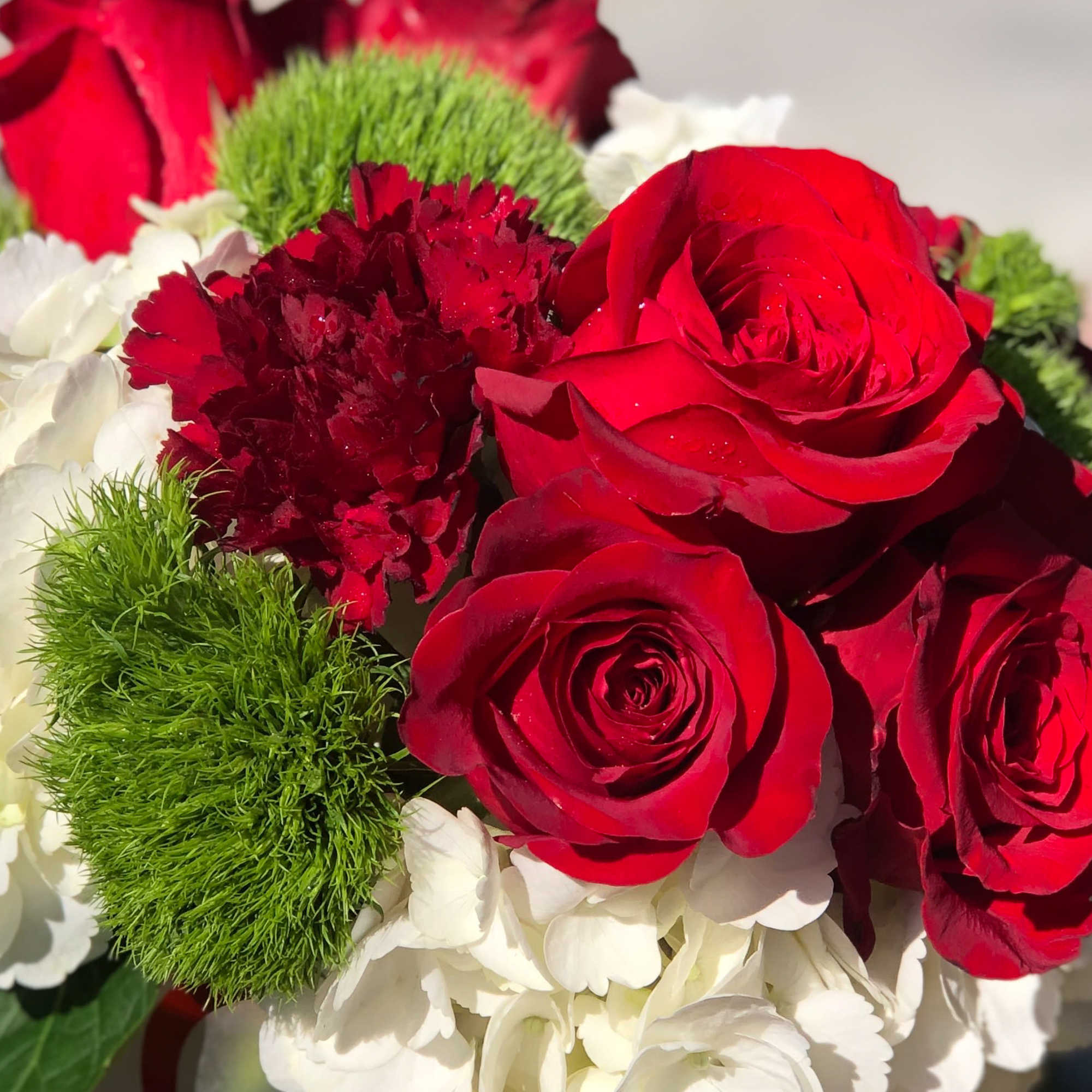 Bouquet of red roses, white flowers, and green pom-pom blooms