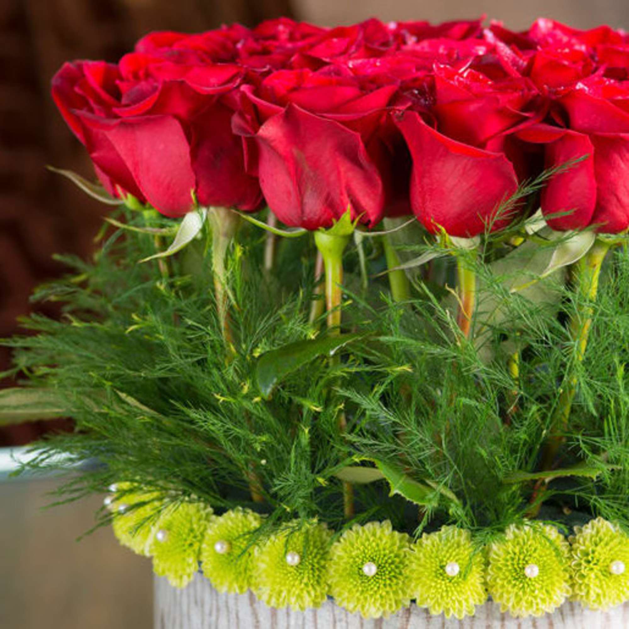 Red roses arranged above green pom-pom flowers in a vase