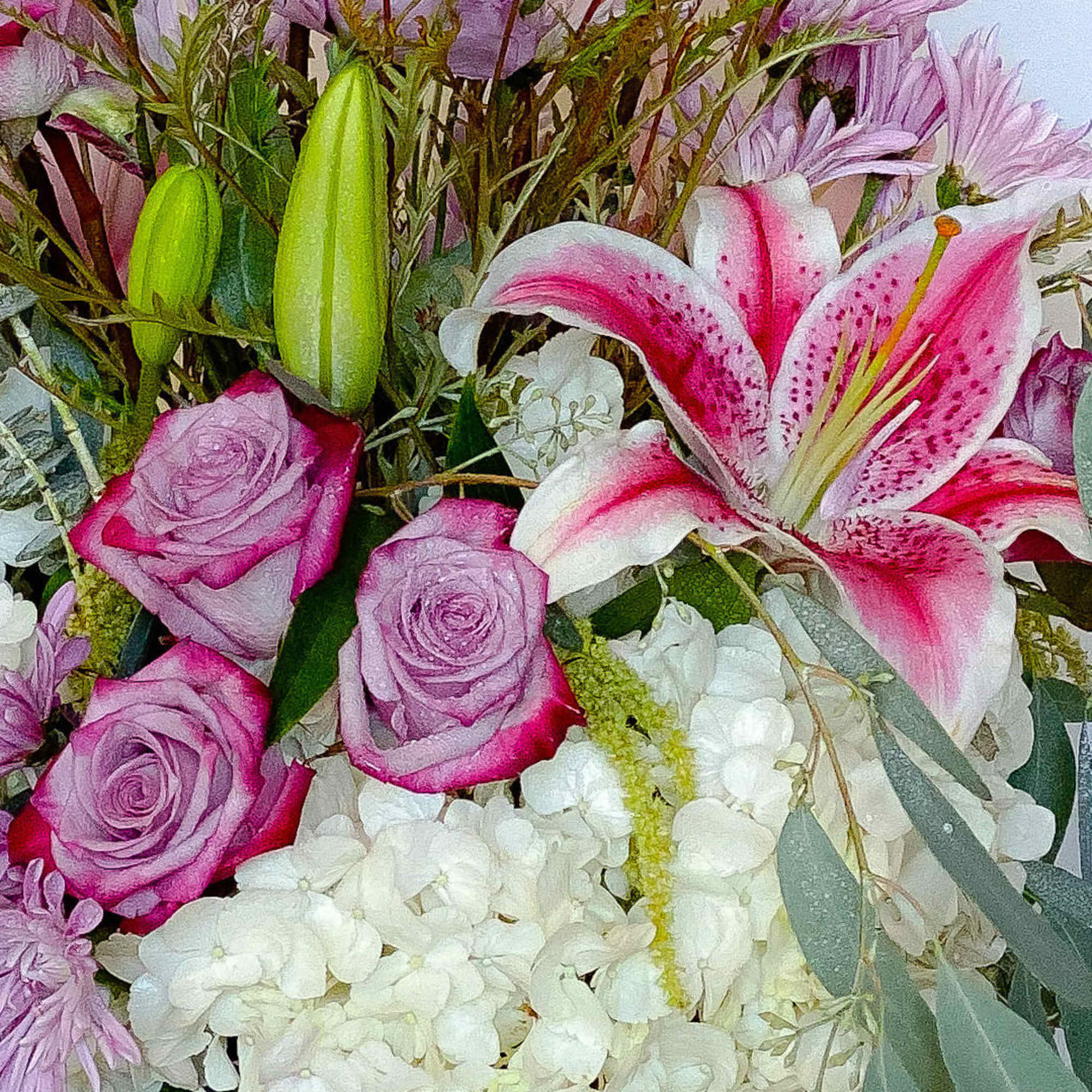 Bouquet of pink roses, white lilies, and white hydrangeas