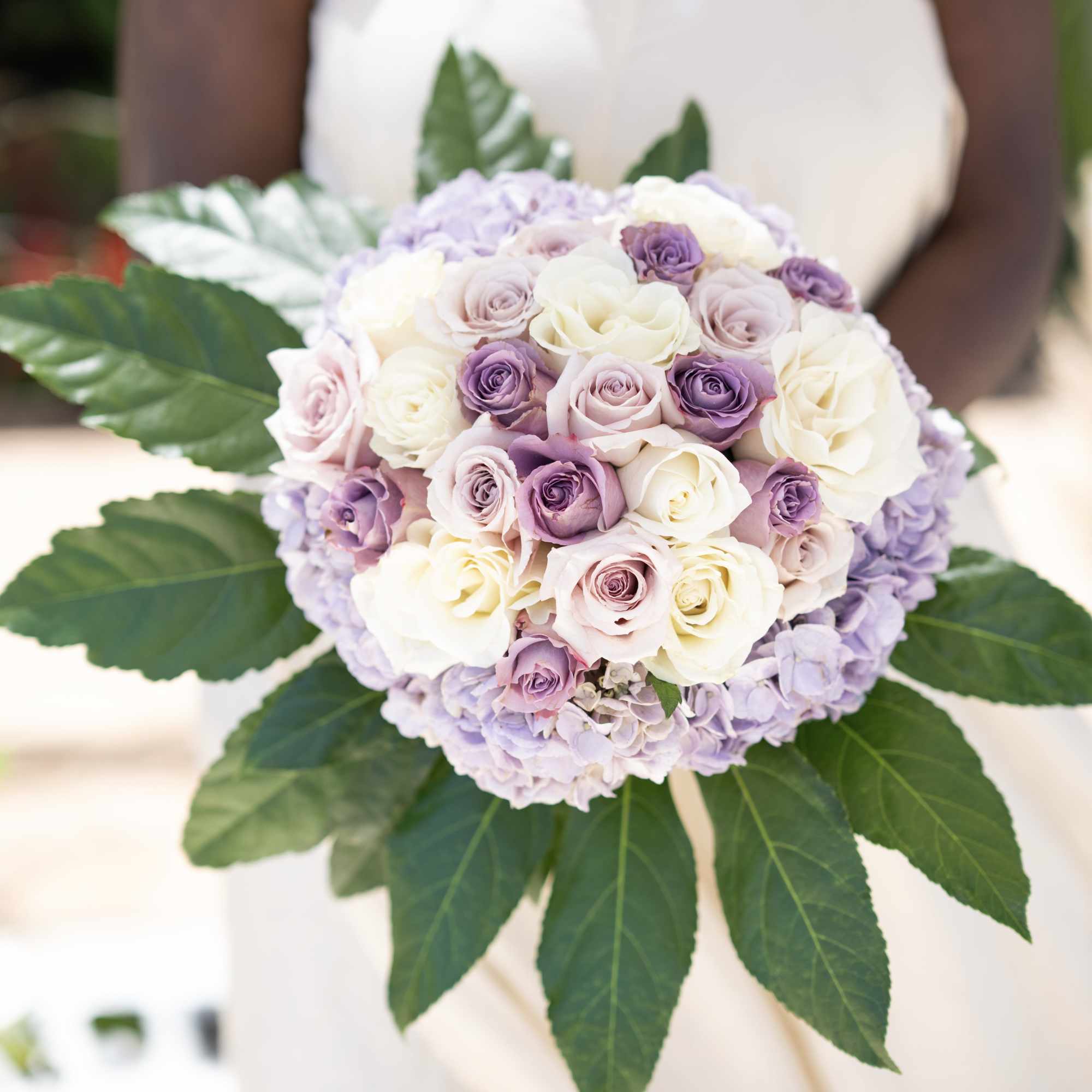 Round bouquet of pale pink, white, and lavender roses with large green leaves