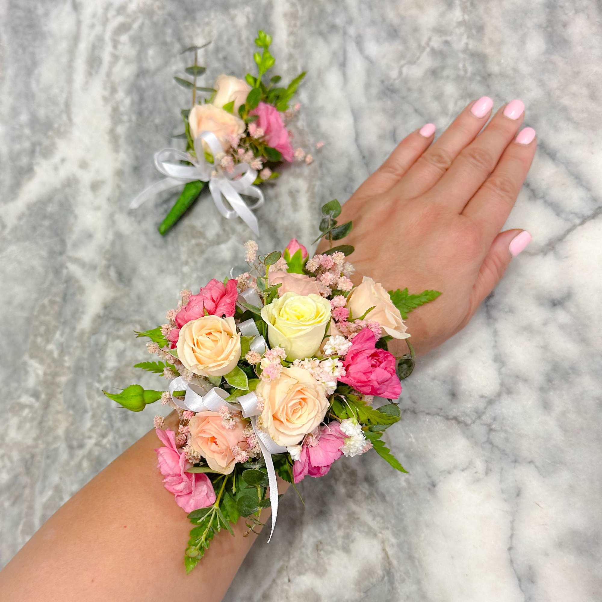 Corsage and Boutonni&egrave;re set with spray roses, alstroemeria and baby&rsquo;s breath accented, photo 2 of 9