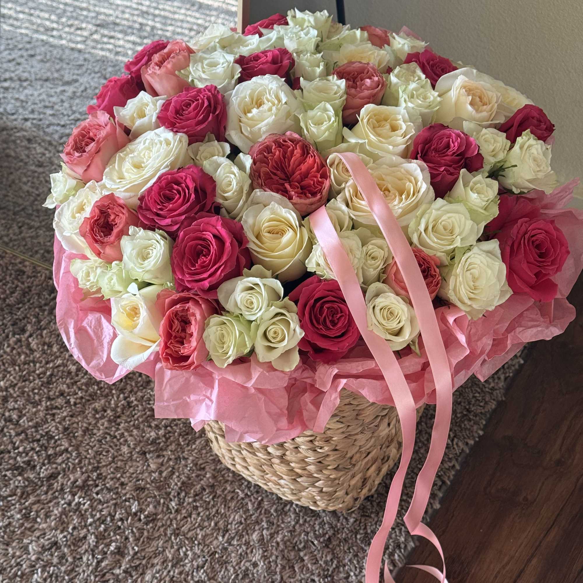 Basket of 50 roses pink and white with ribbon