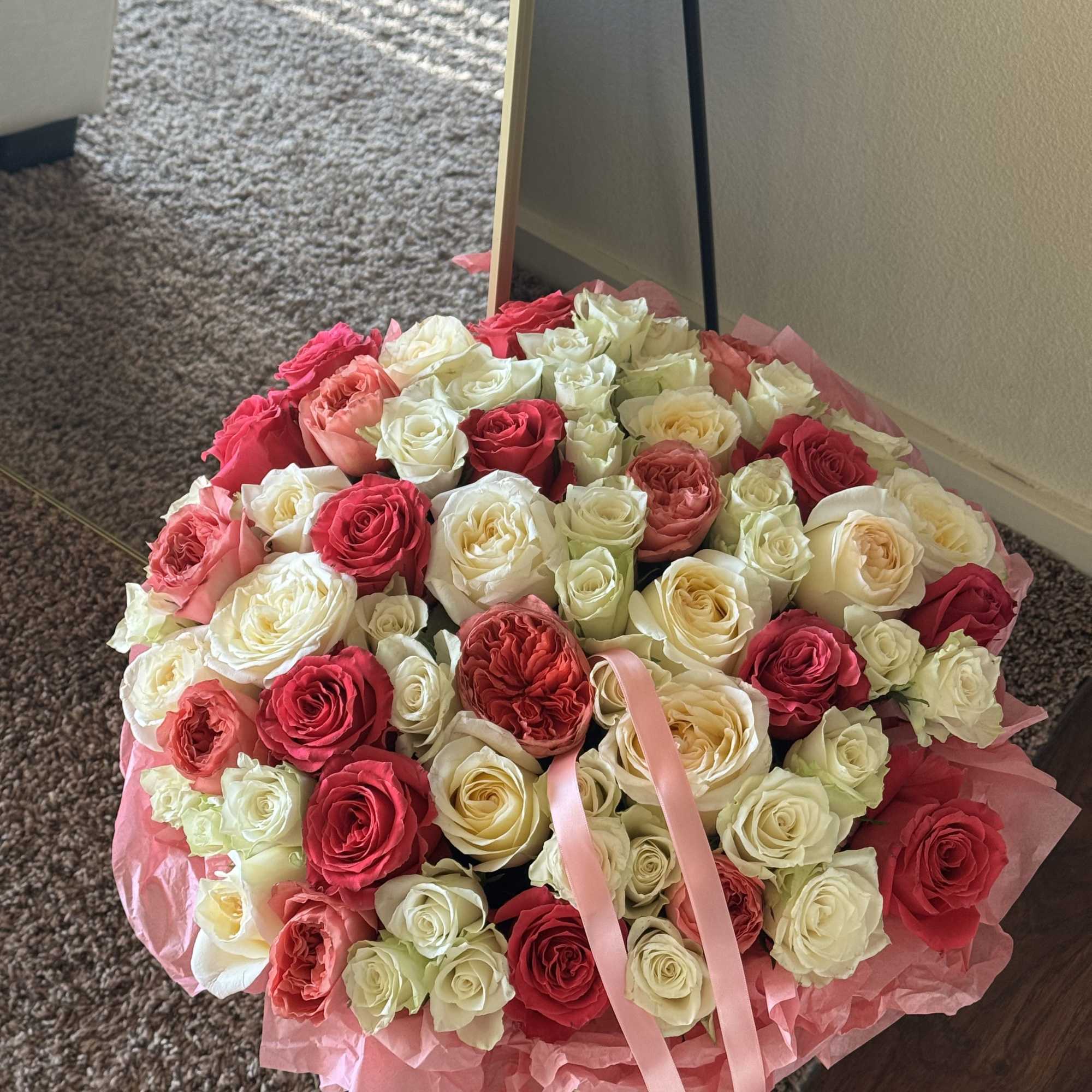 Basket of 50 roses pink and white with ribbon, photo 2 of 2