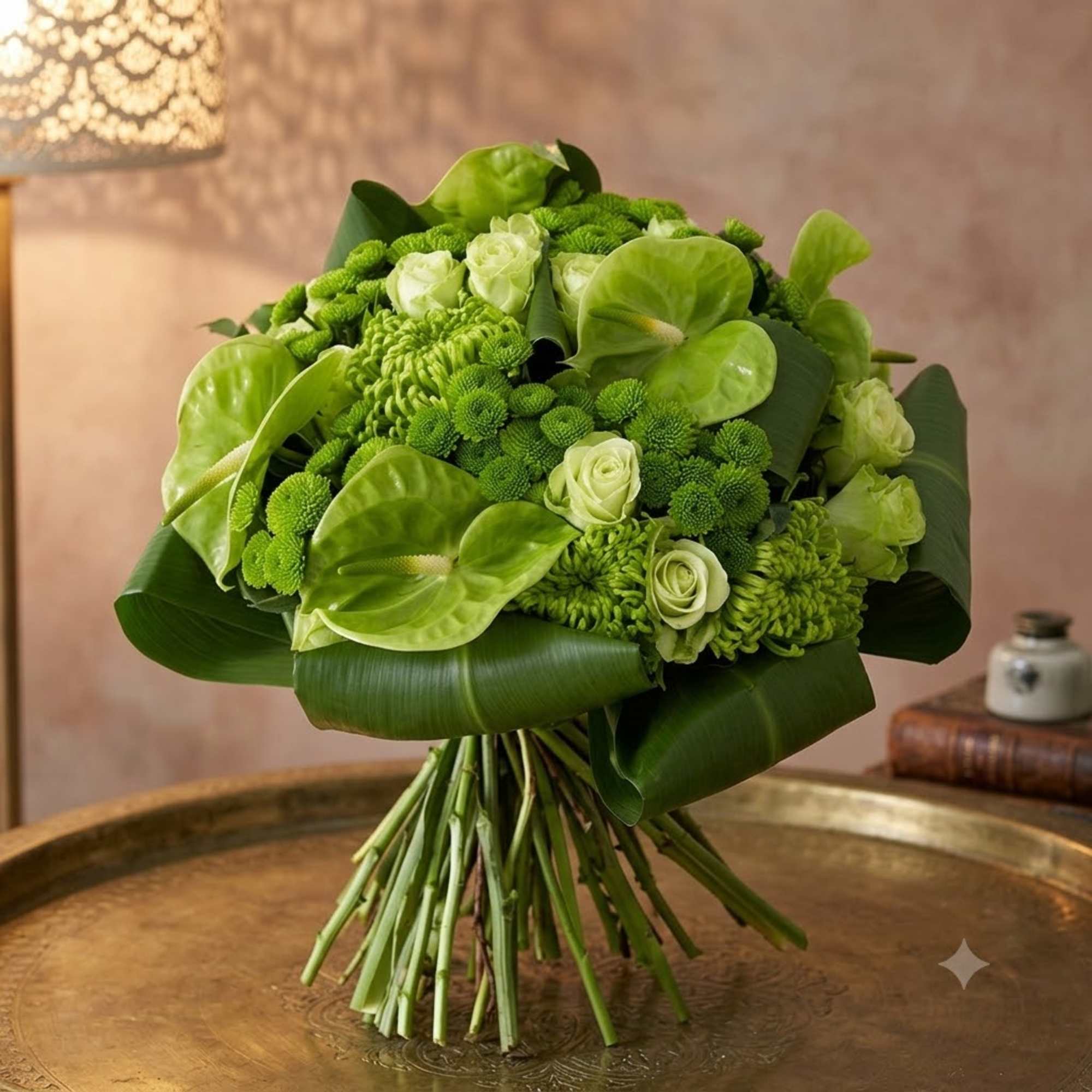 Green bouquet with white roses and anthuriums