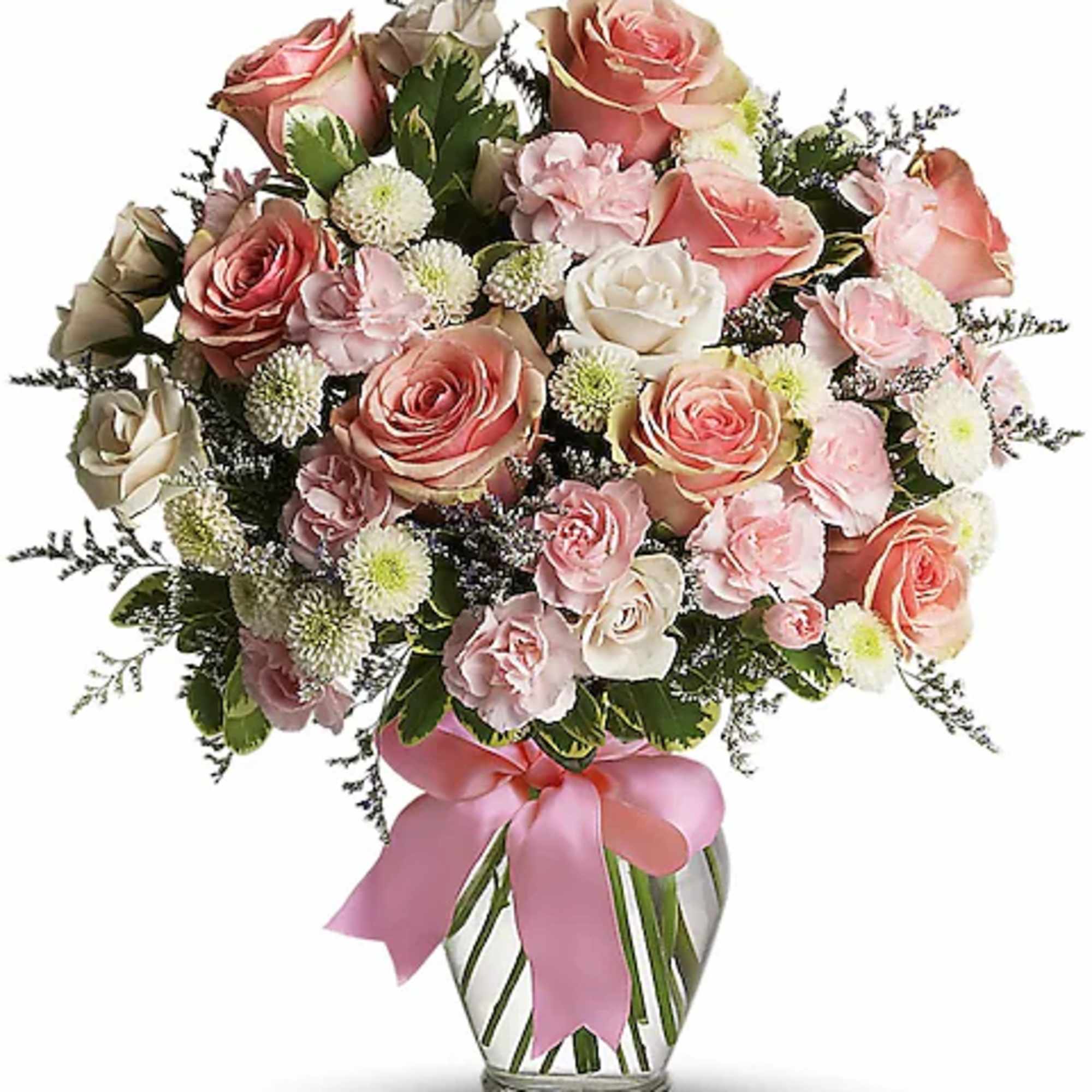 Pink and white rose bouquet in a glass vase with a pink ribbon
