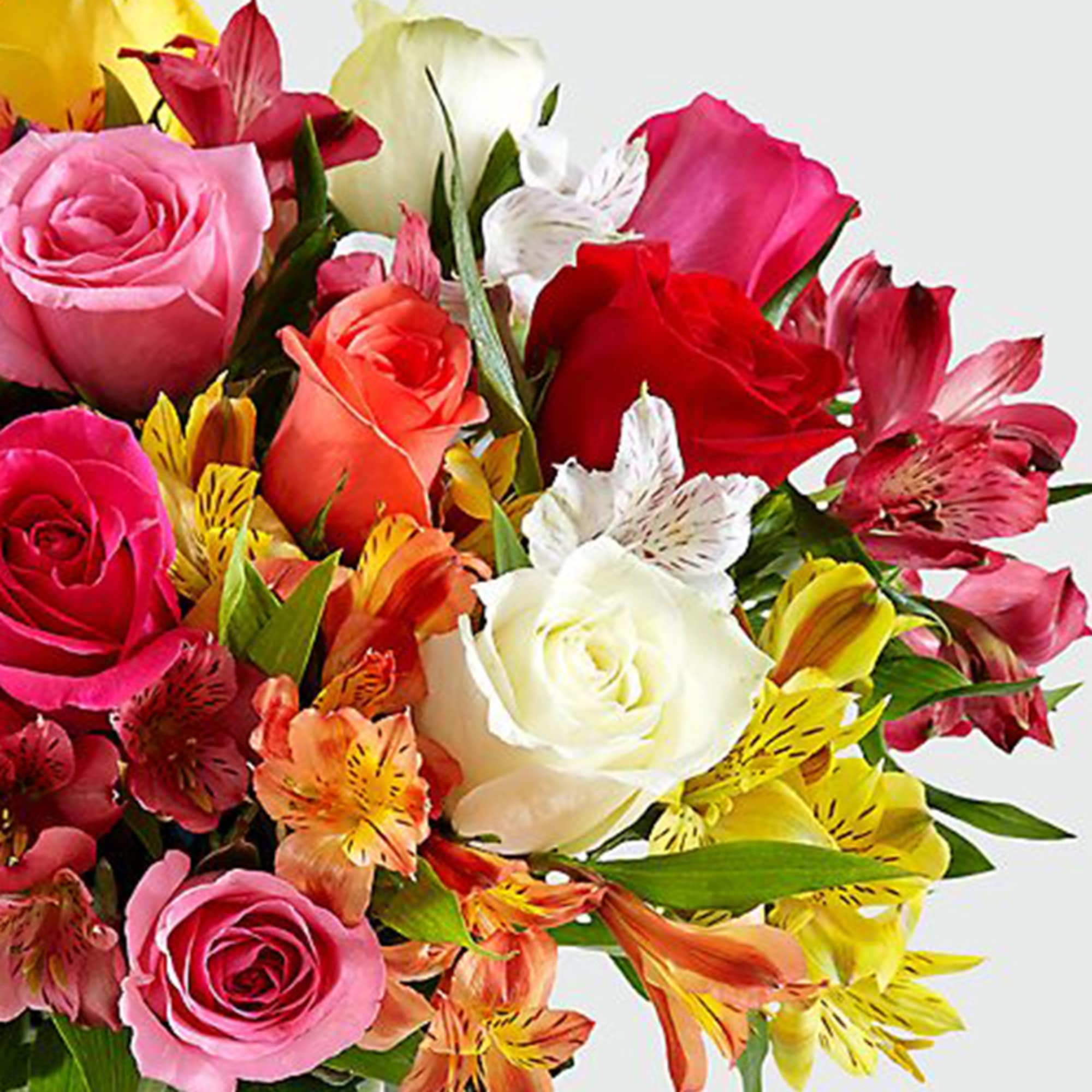 Bouquet of roses and alstroemeria in pink, red, white, and yellow