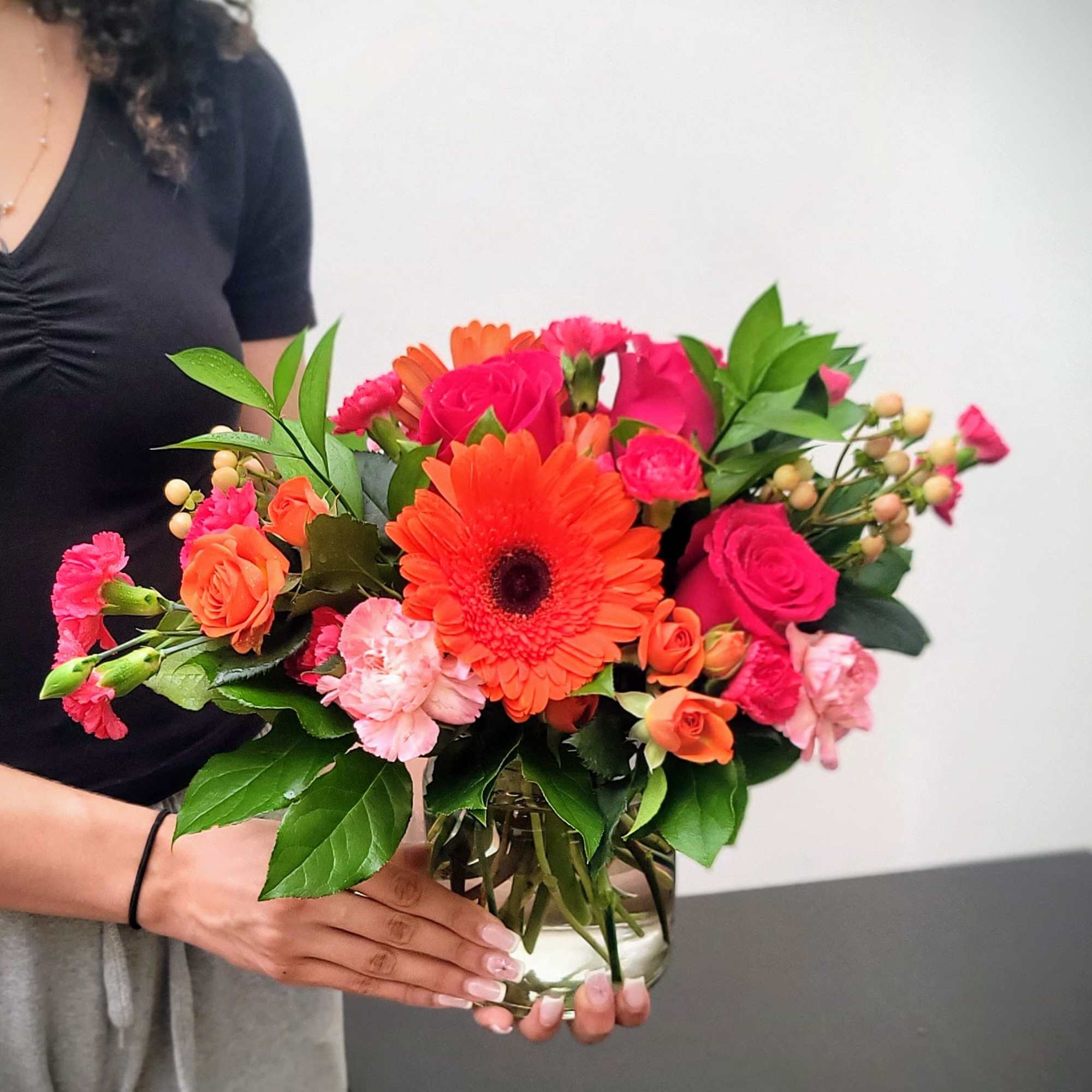 Brighten any moment with this vibrant mix of pink and orange roses, photo 2 of 2