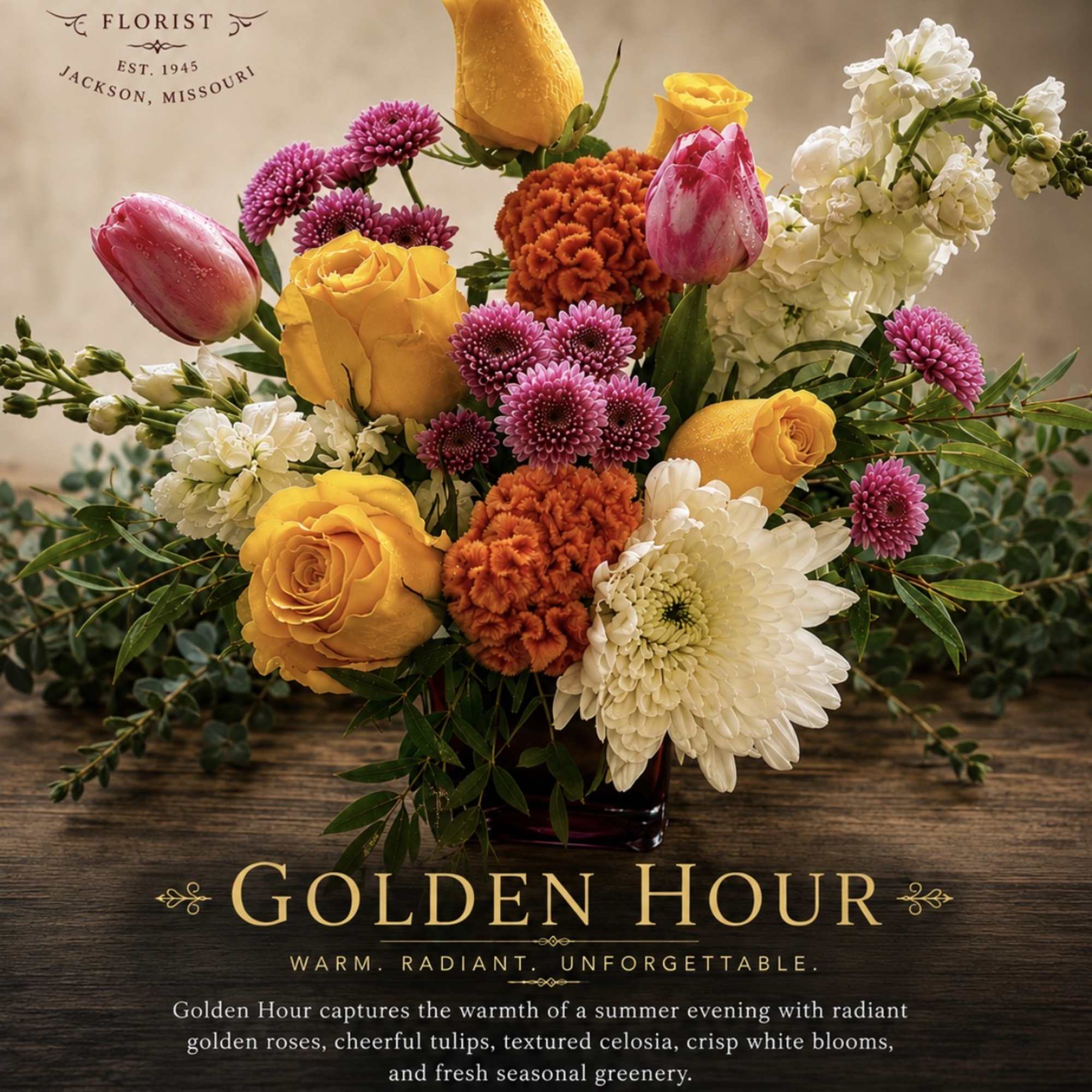 Bouquet of yellow roses, pink tulips, and white blooms in a vase