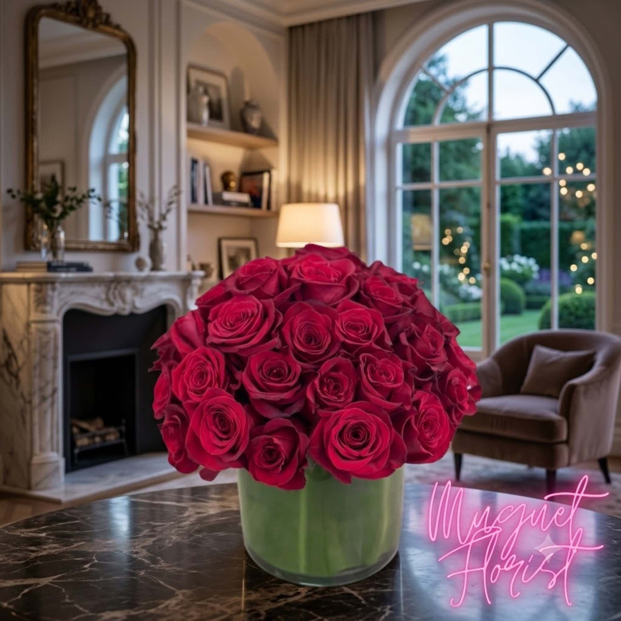 Bouquet of deep pink roses in a green vase