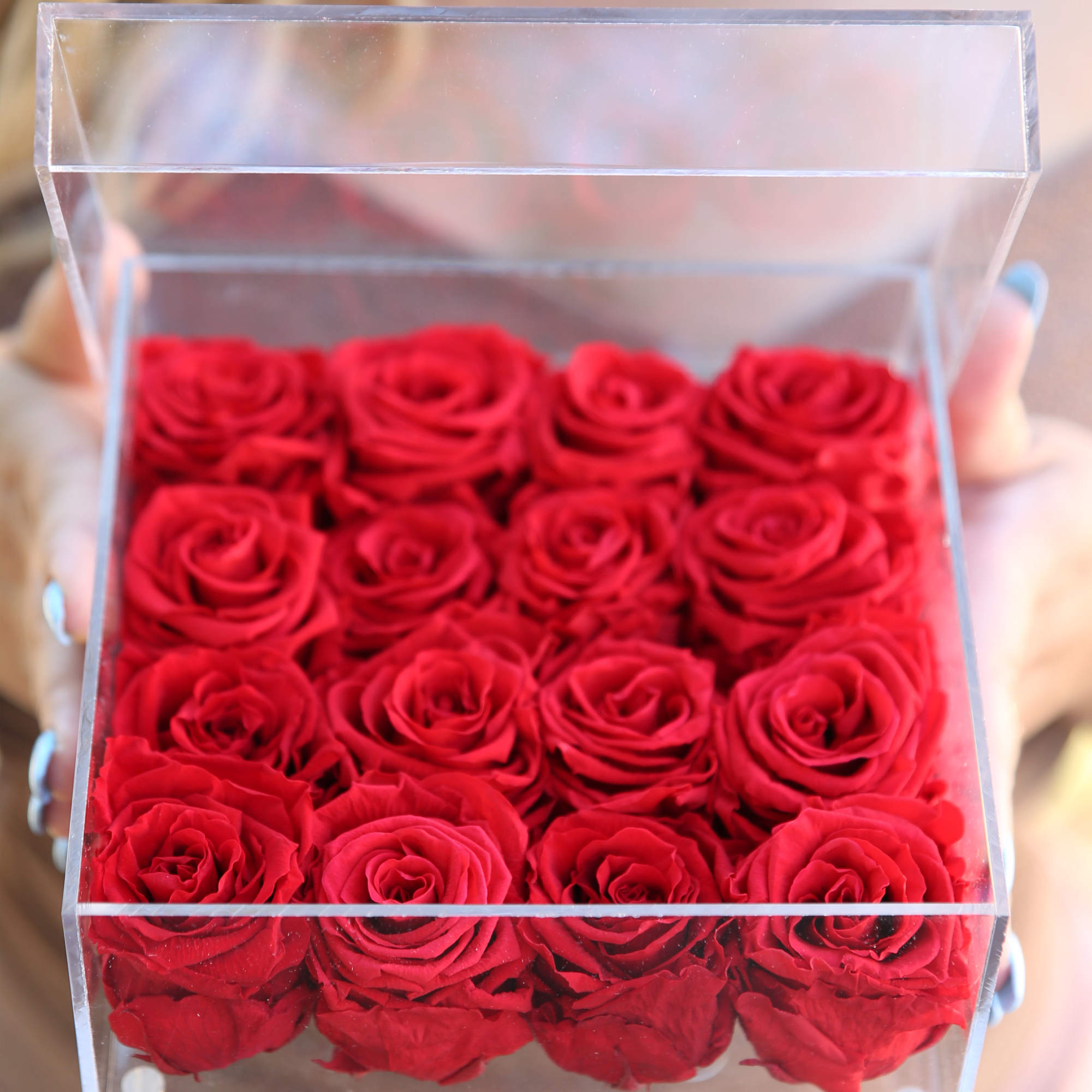Clear box filled with red roses