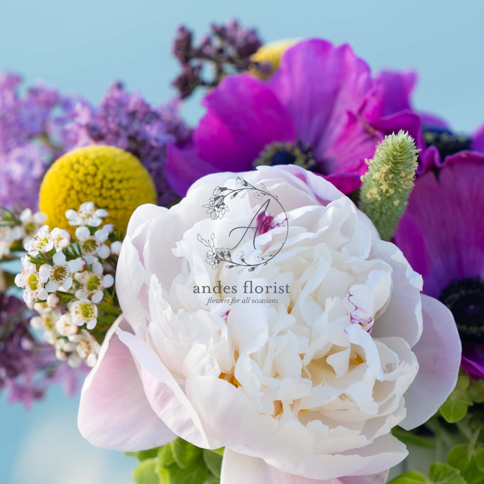 Bouquet of white and purple flowers with a yellow bloom