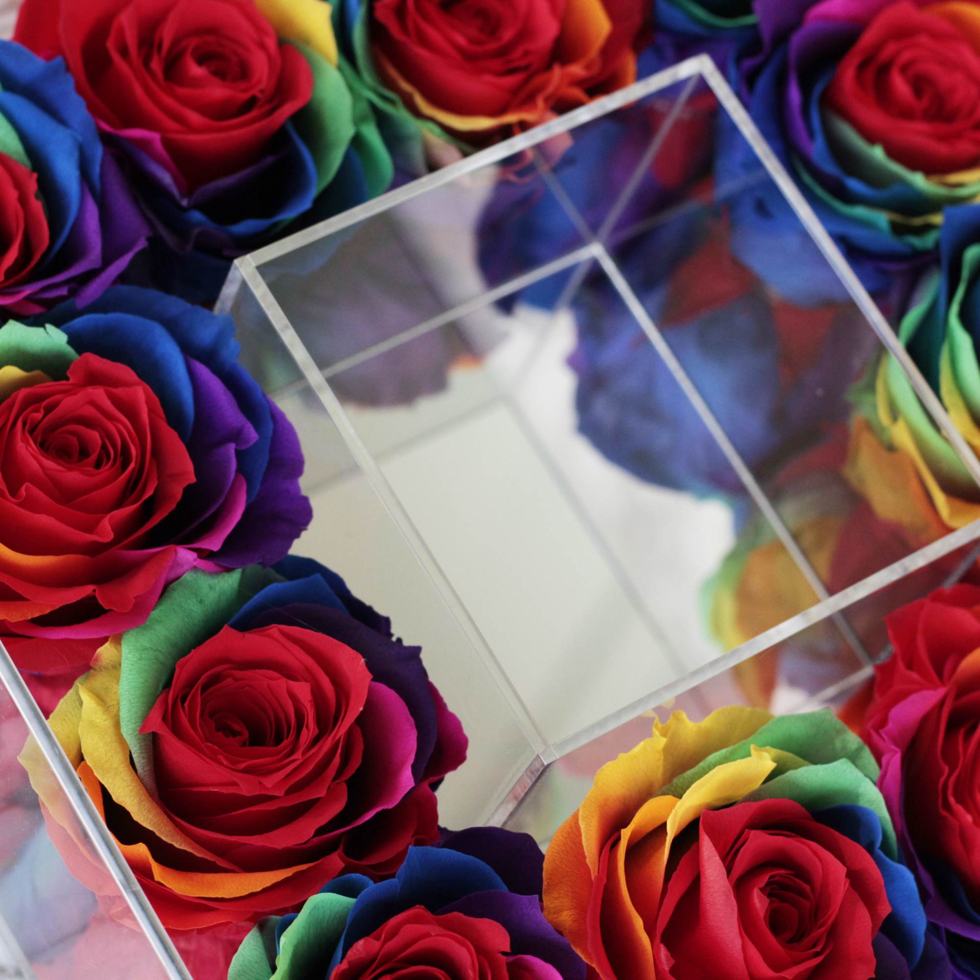 Rainbow-colored roses arranged around a clear square box