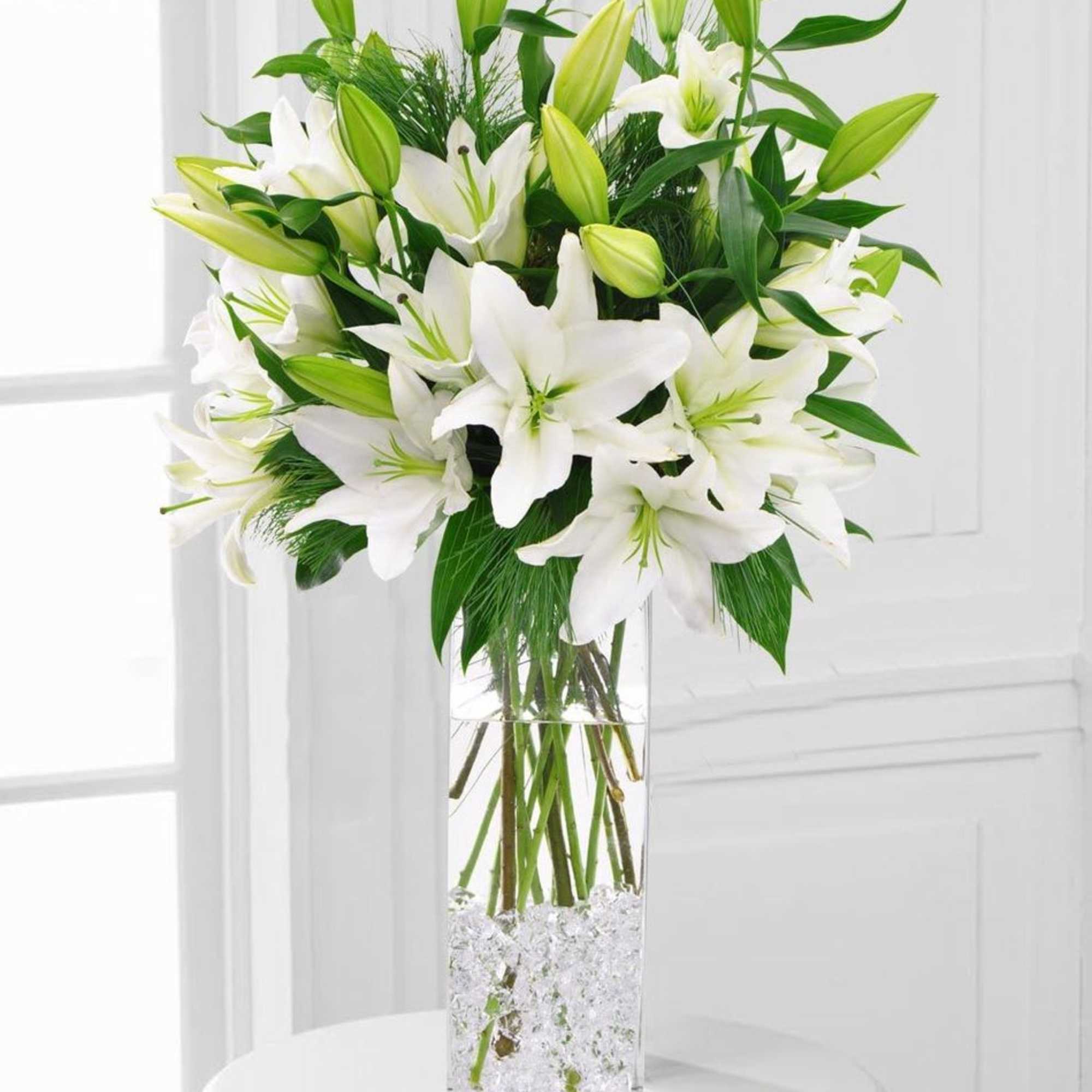 White lilies arranged in a tall clear vase with green buds