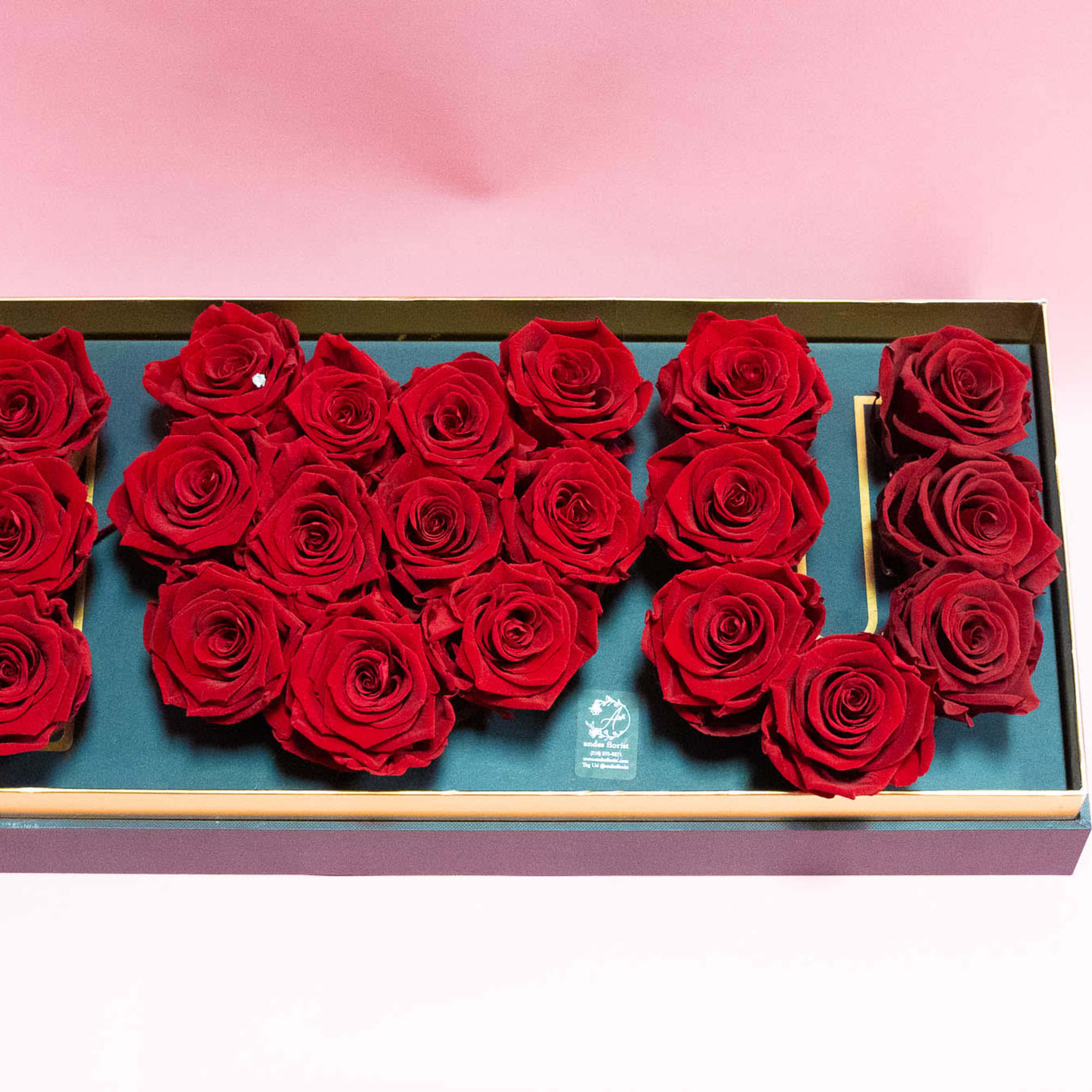 Red roses arranged in a rectangular gift box on a pink background