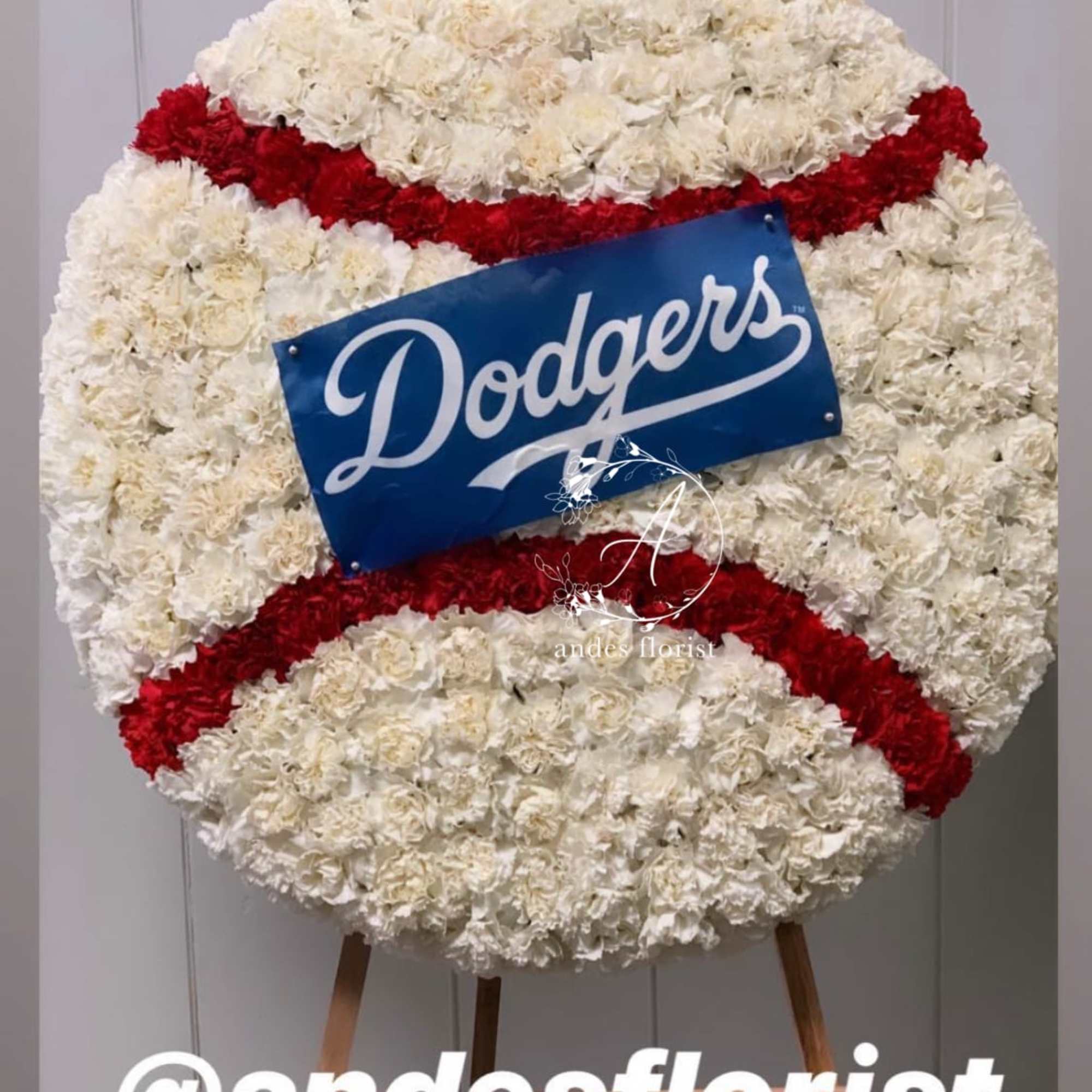 Large floral baseball display with a Dodgers sign