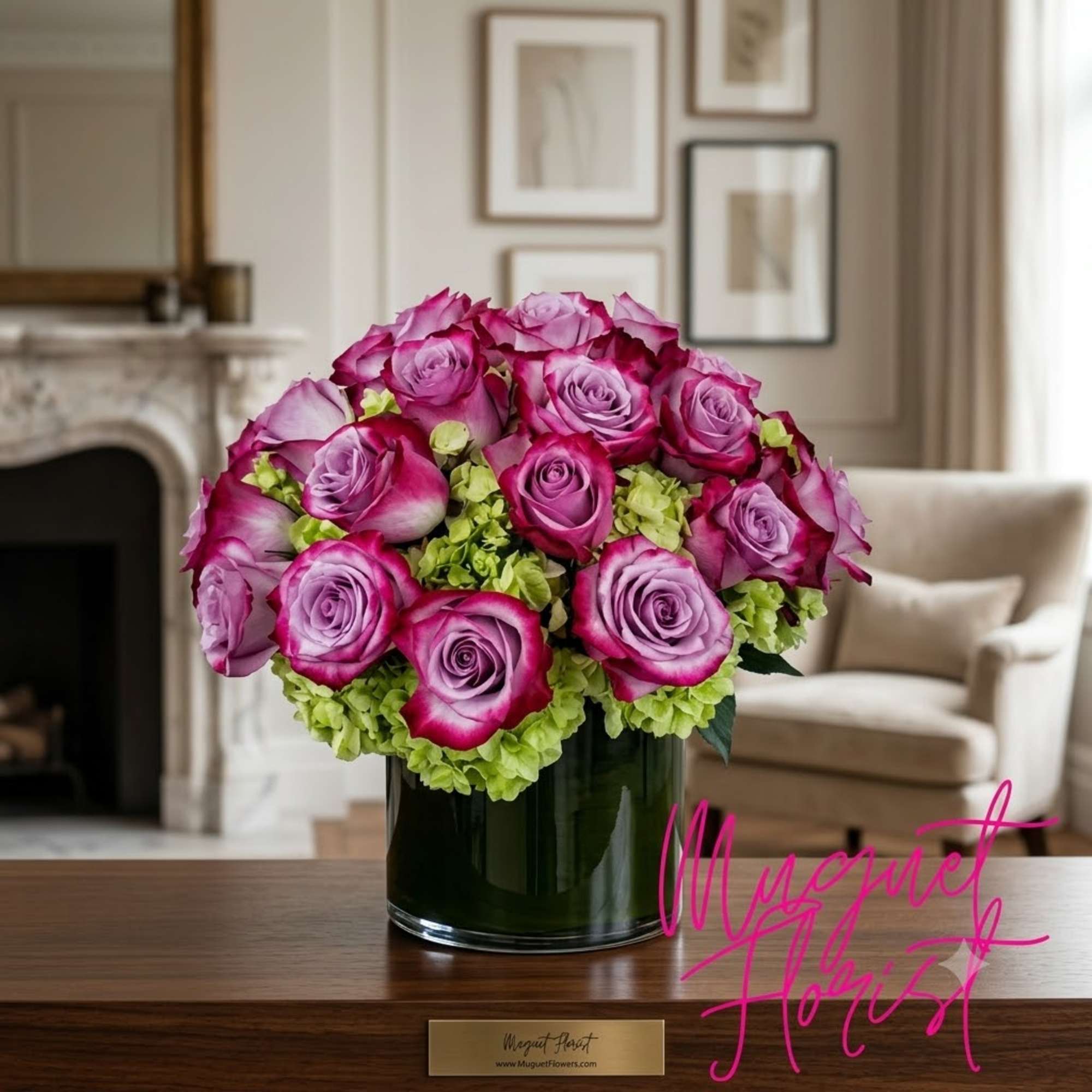 Pink roses arranged in a dark glass vase