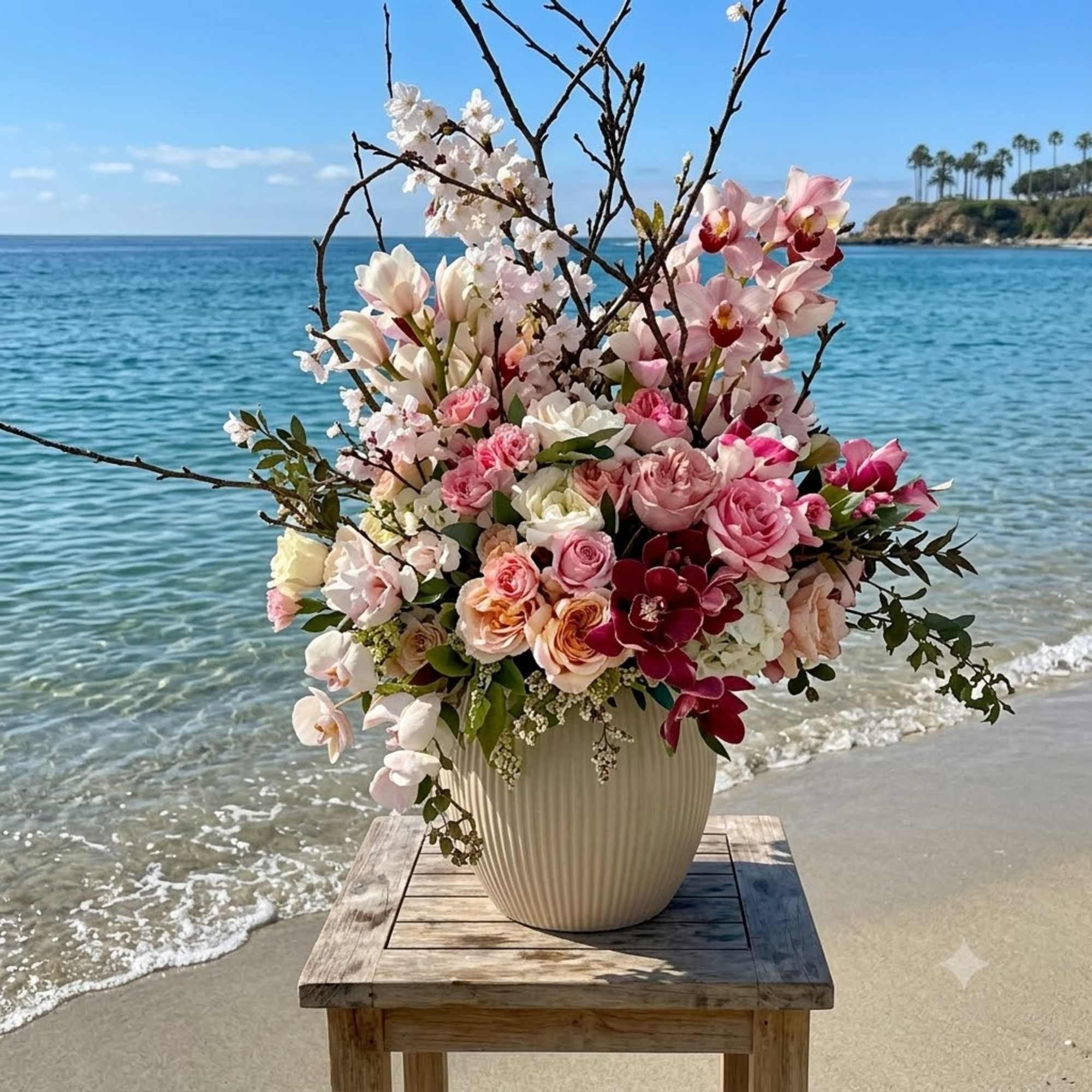 Large pink and white floral arrangement in a ribbed vase by the beach