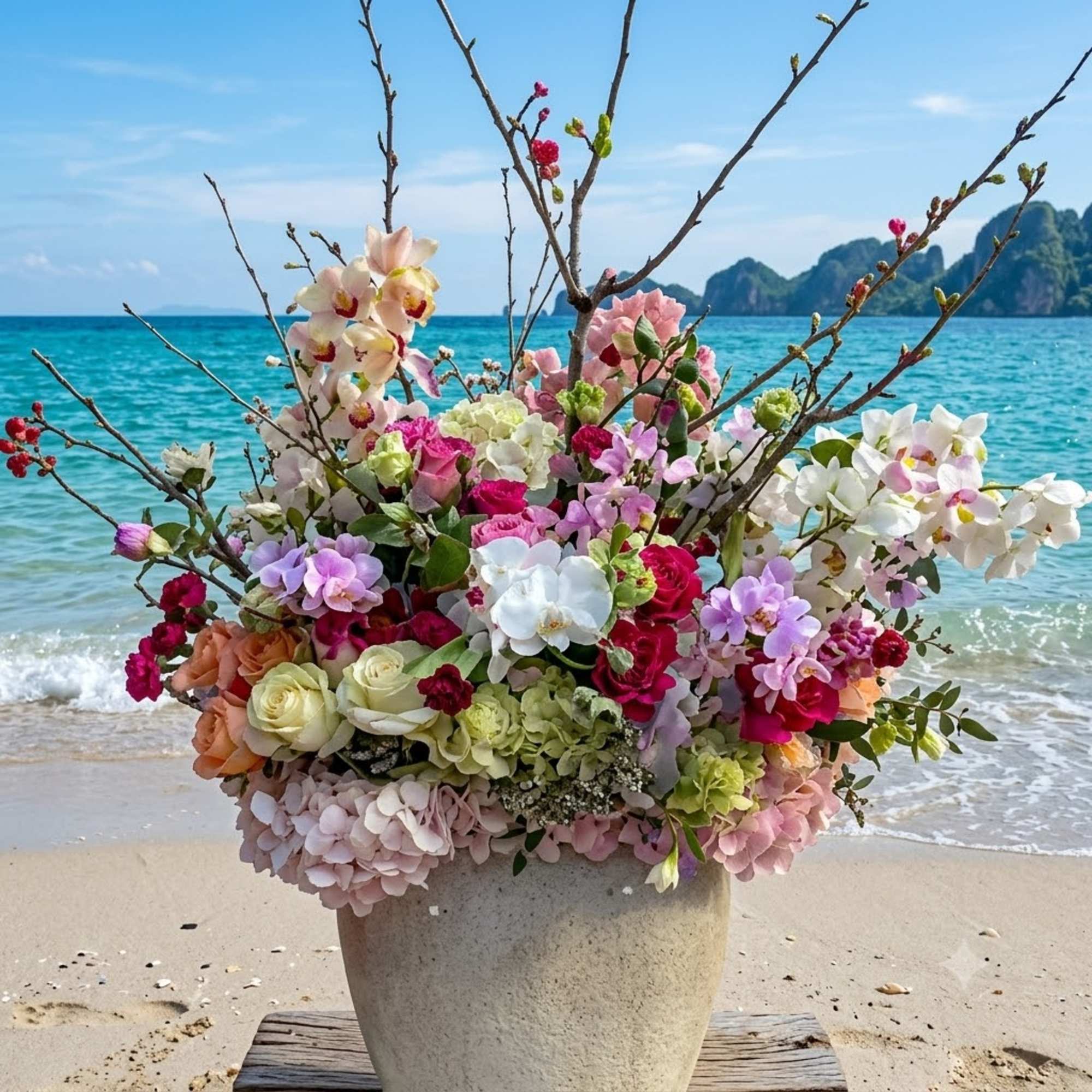 Large floral arrangement in a stone vase with orchids, roses, and hydrangeas